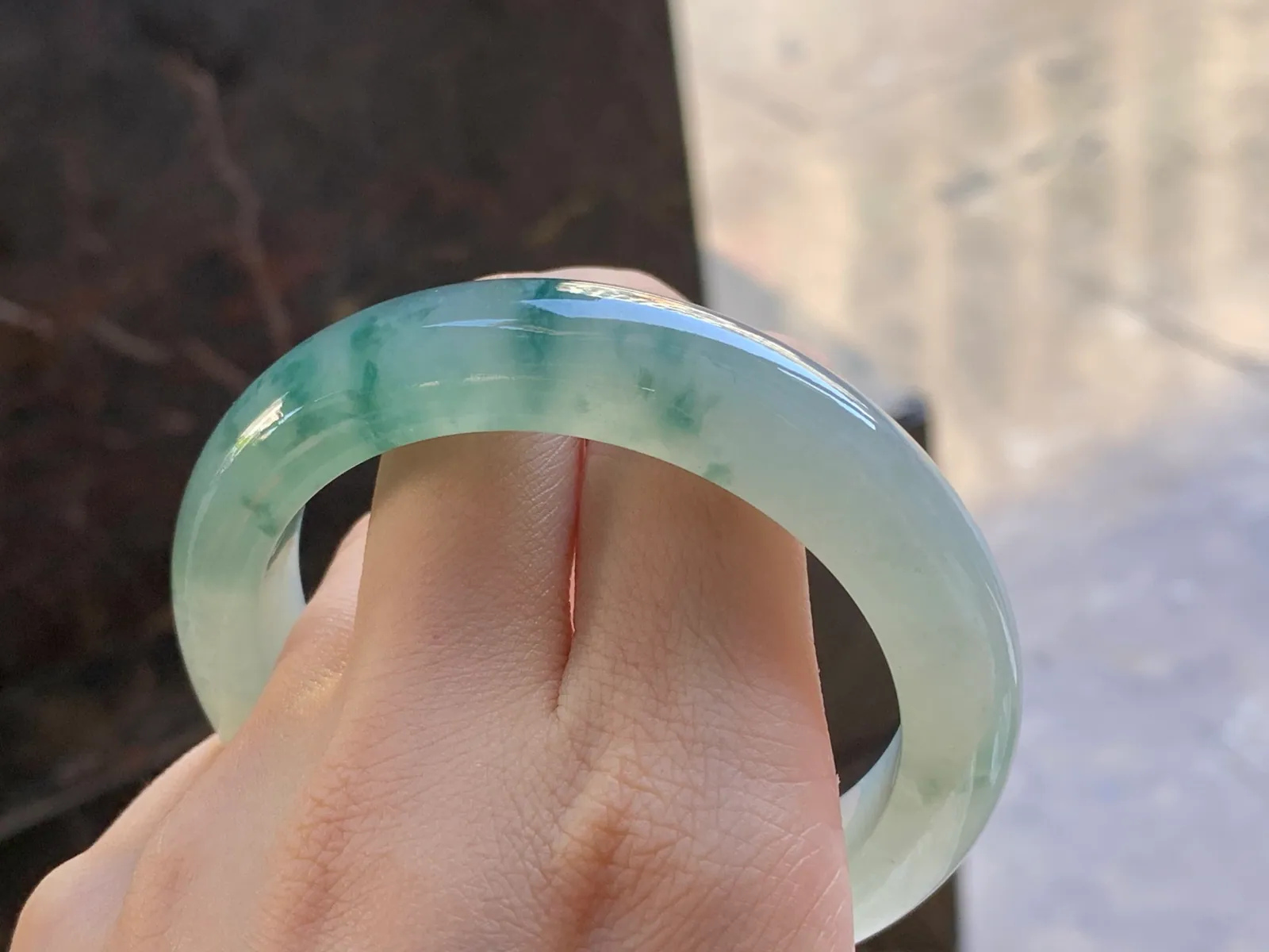 Type A Jadeite Flat Bangle, Icy Blue-Green Flower, 57.3mm (9)