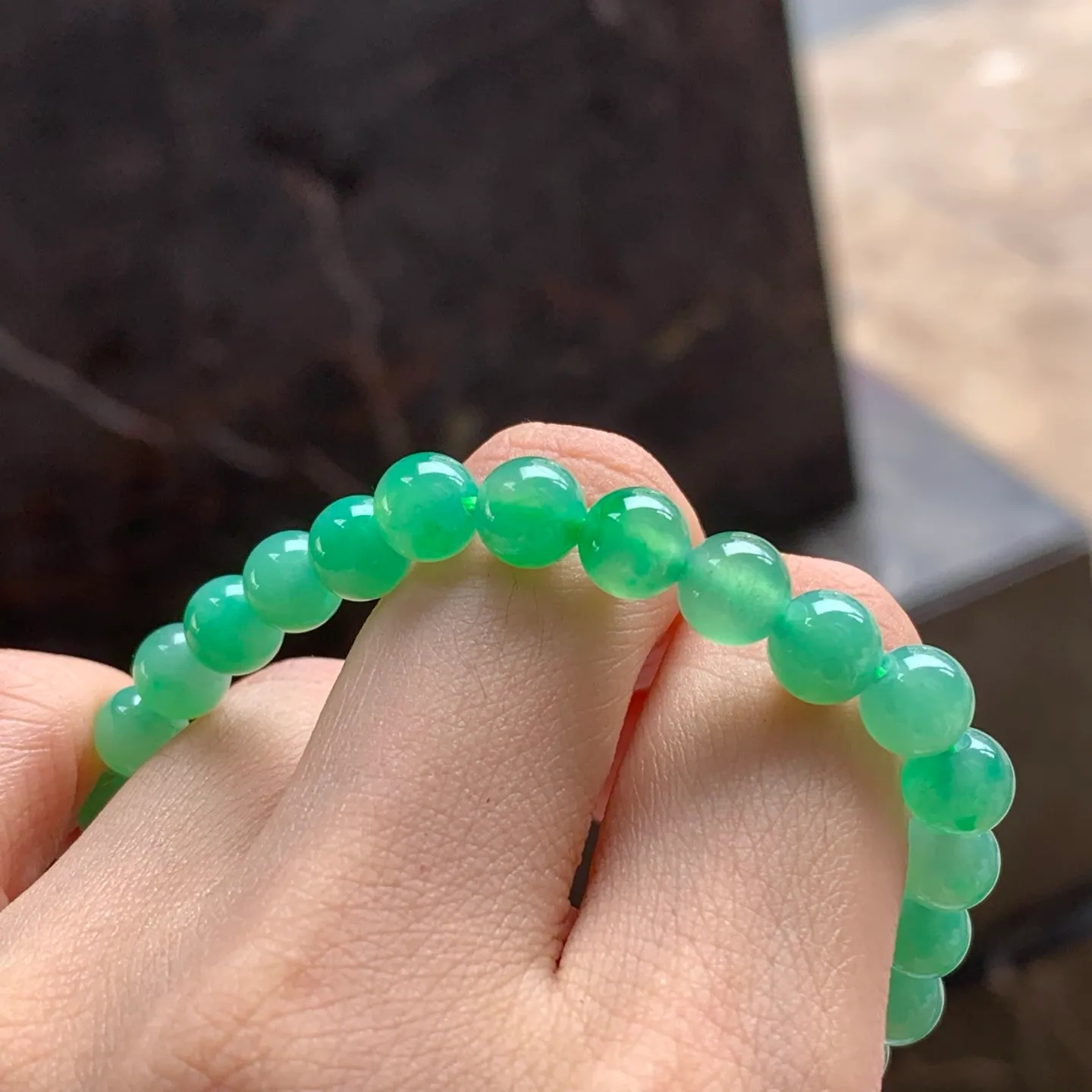 Type A Jadeite Bead Bracelet, Icy Apple Green, 7mm (5)