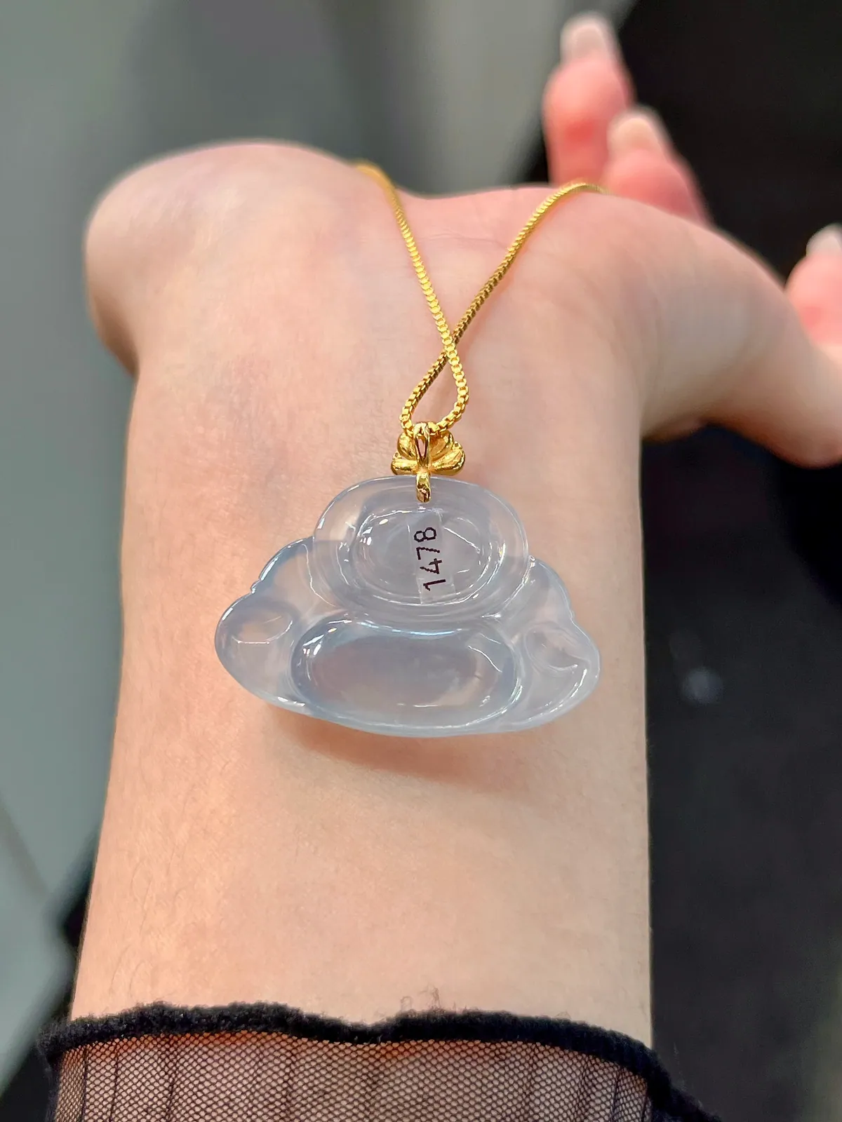 Type A Jadeite Laughing Buddha Pendant, Blue Tint, 18K Gold (4)