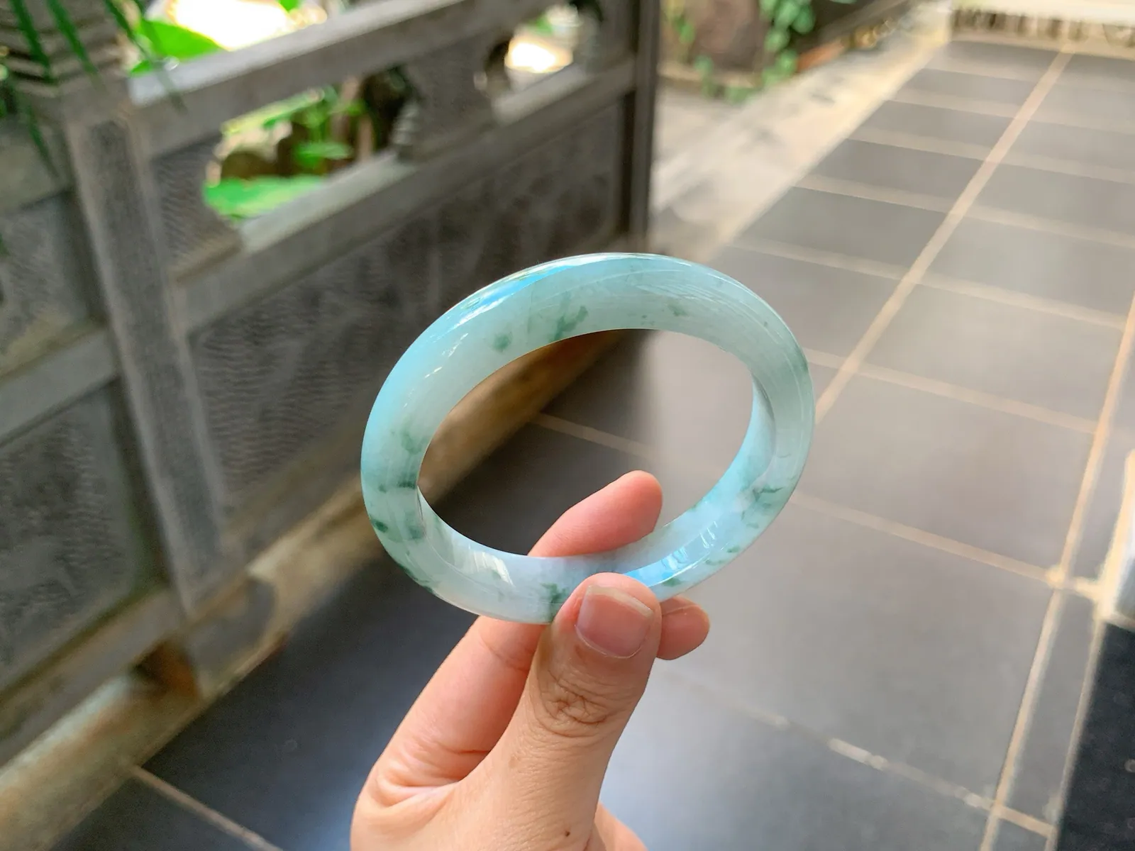 Type A Jadeite Ping'an Bangle, Blue with Green Flower, 56mm (6)
