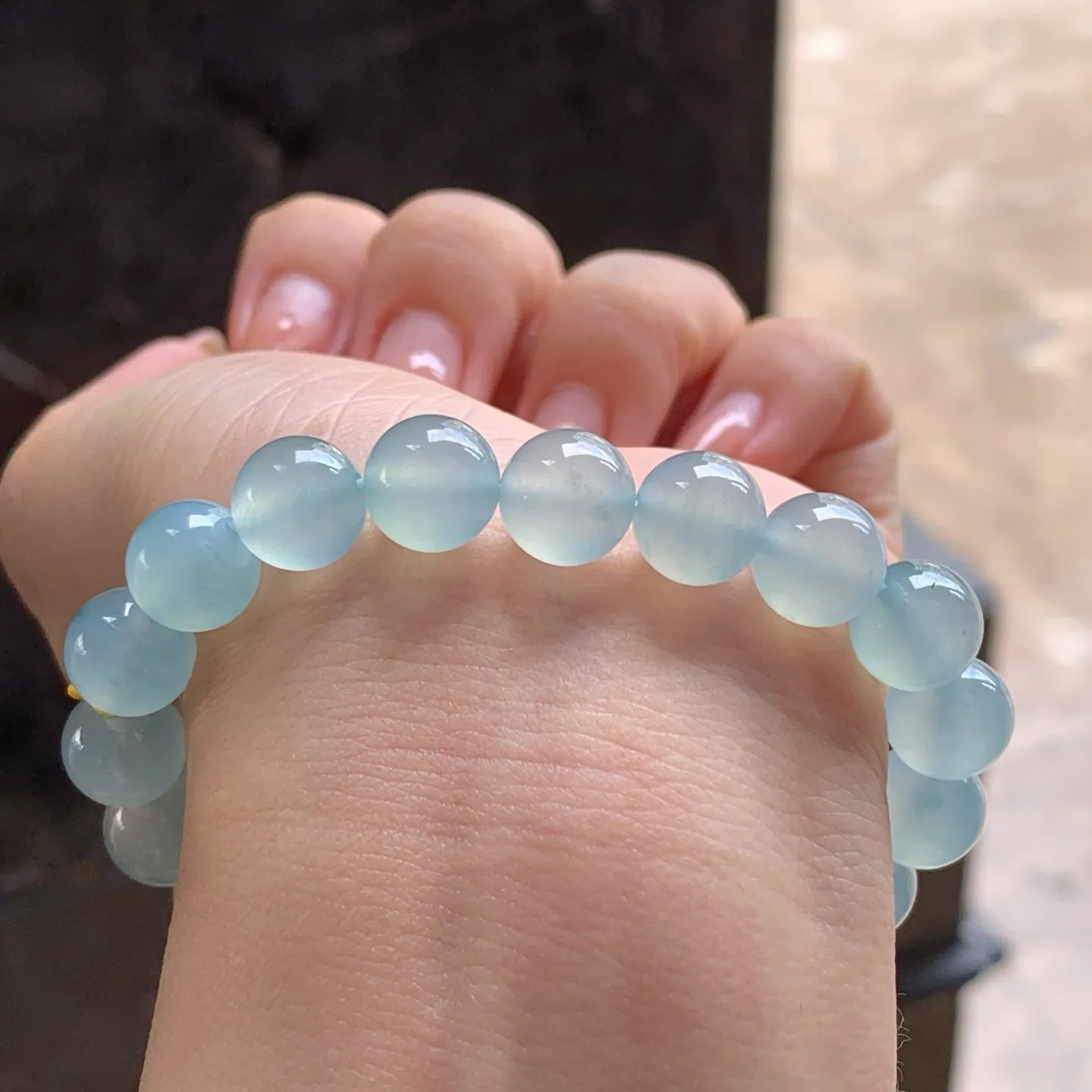 Type A Jadeite Bead Bracelet, Icy Blue Water, 9.8mm (5)