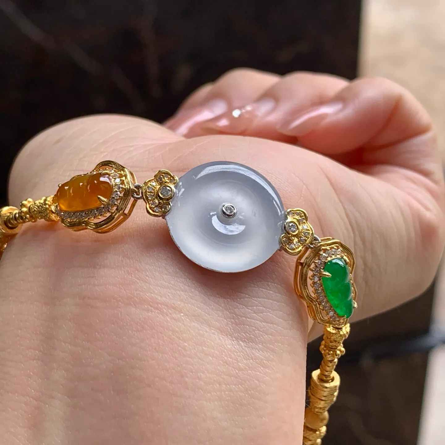 Type A Jadeite Gold Bracelet, Icy Safety Coin, Multicolor (6)