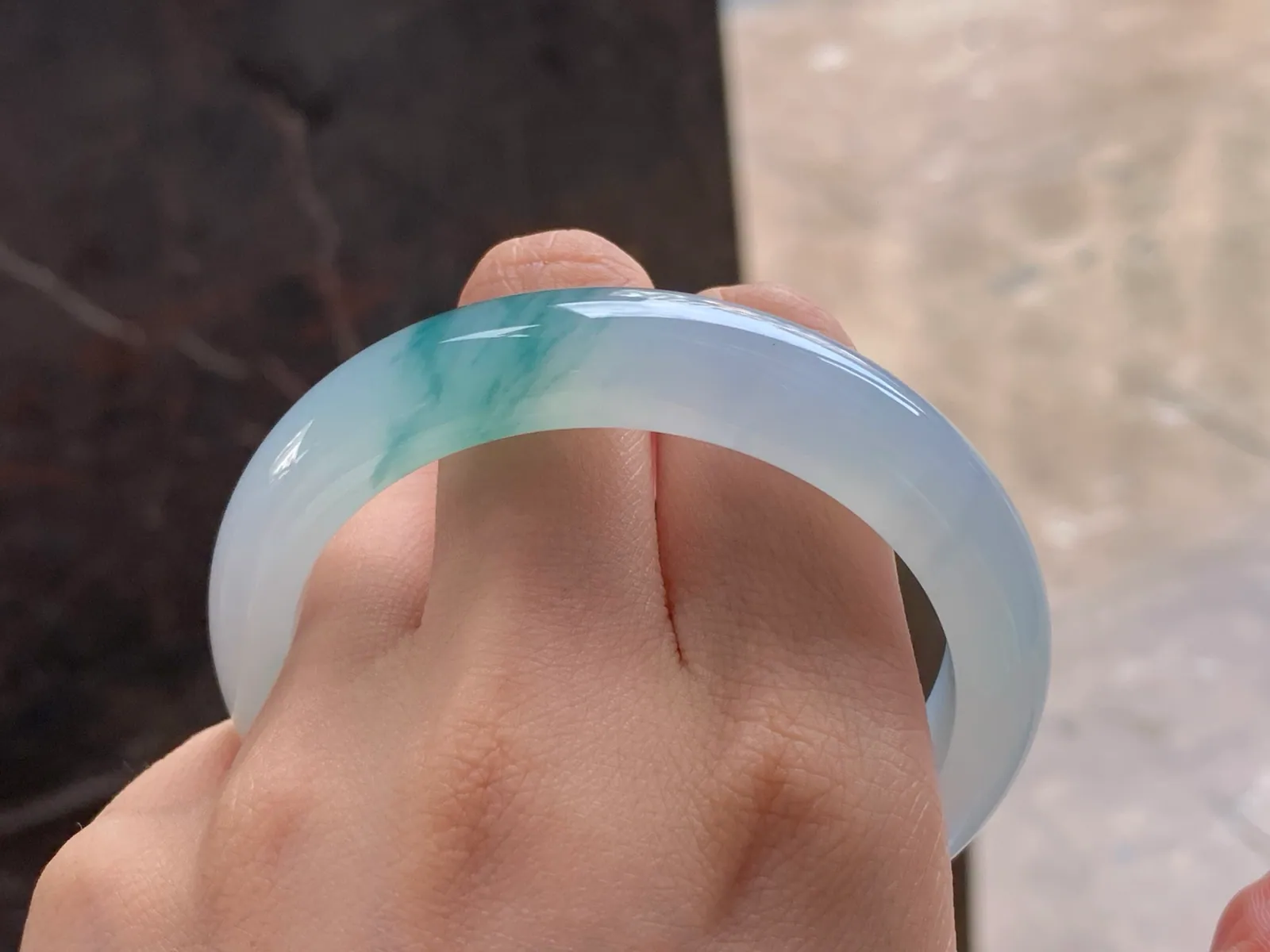 Type A Jadeite Flat Bangle, Blue-Green Flower, 57mm (9)