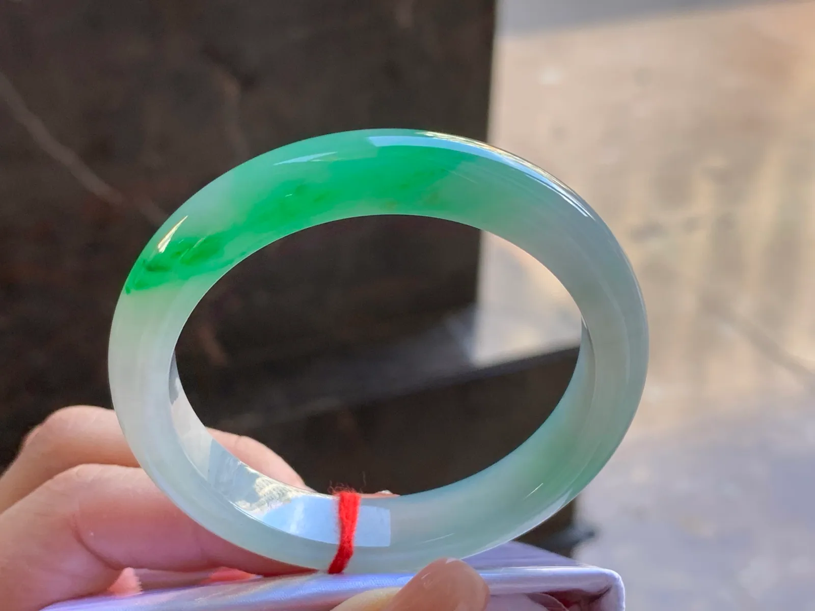 Type A Jadeite Flat Bangle, Icy-Glutinous Green Band, 51.5mm (4)
