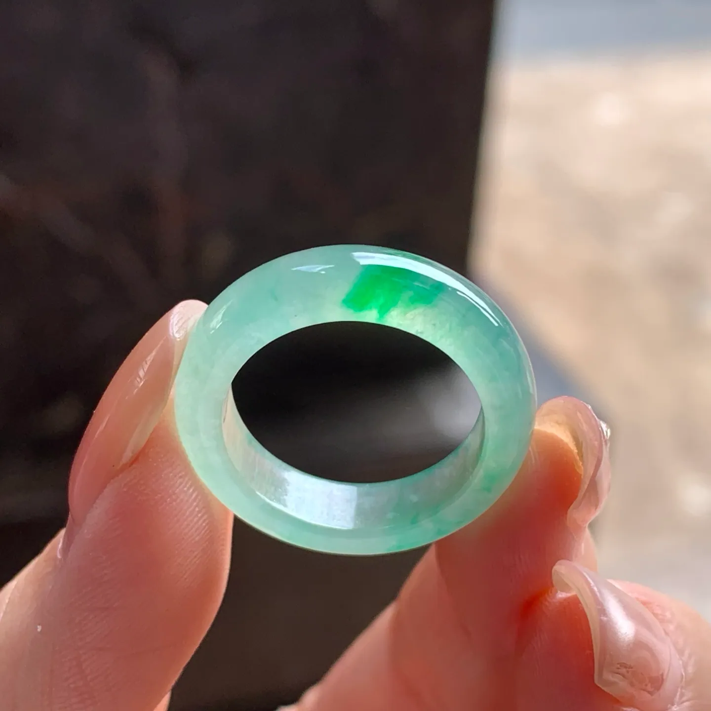 Type A Jadeite Band Ring, Icy Green Flower, 18.1mm (4)
