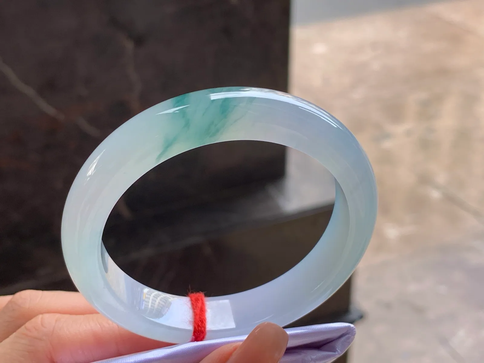 Type A Jadeite Flat Bangle, Blue-Green Flower, 57mm (3)