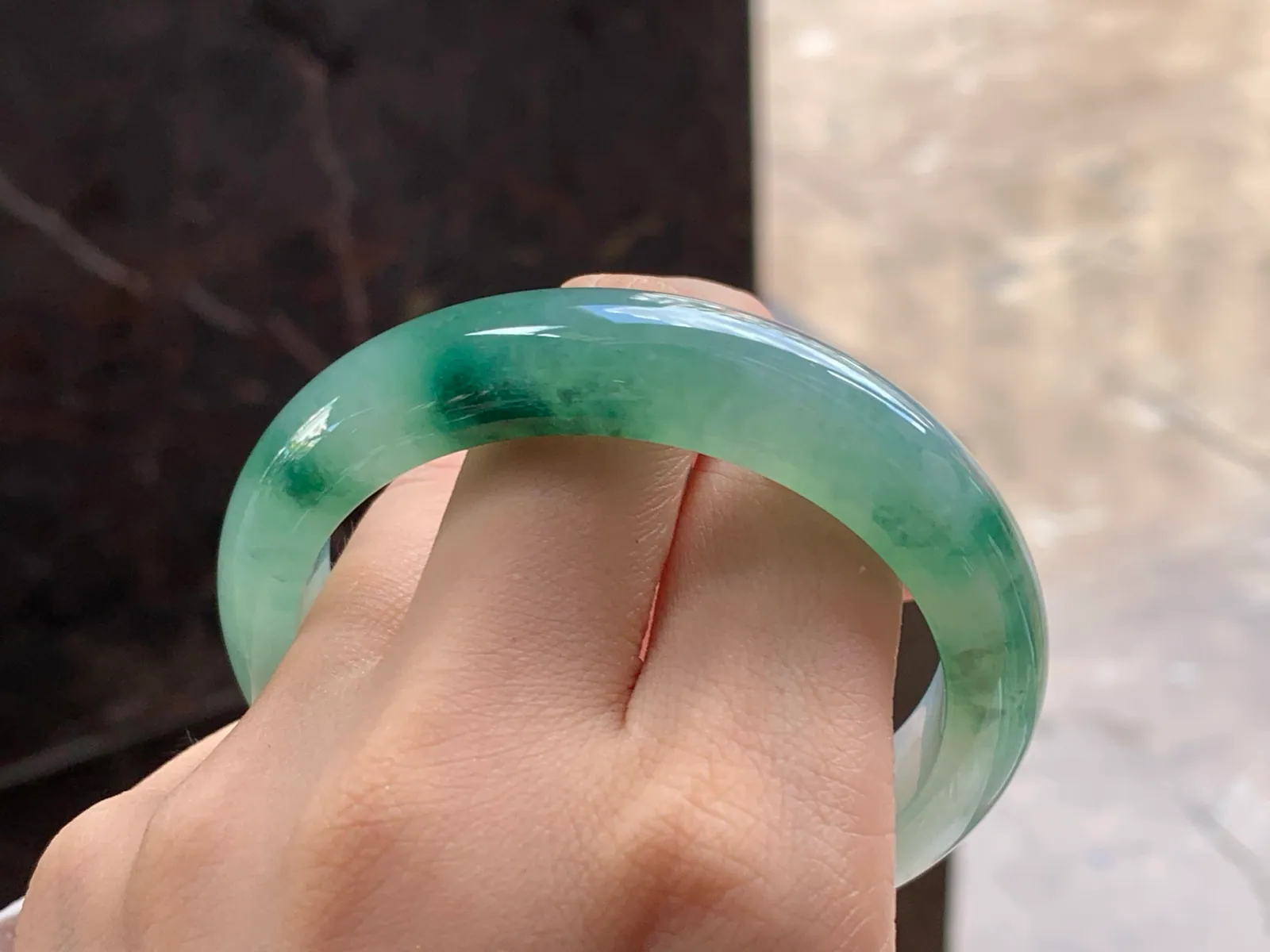Type A Jadeite Bangle, Icy, Green Floating Flowers, 54mm (10)