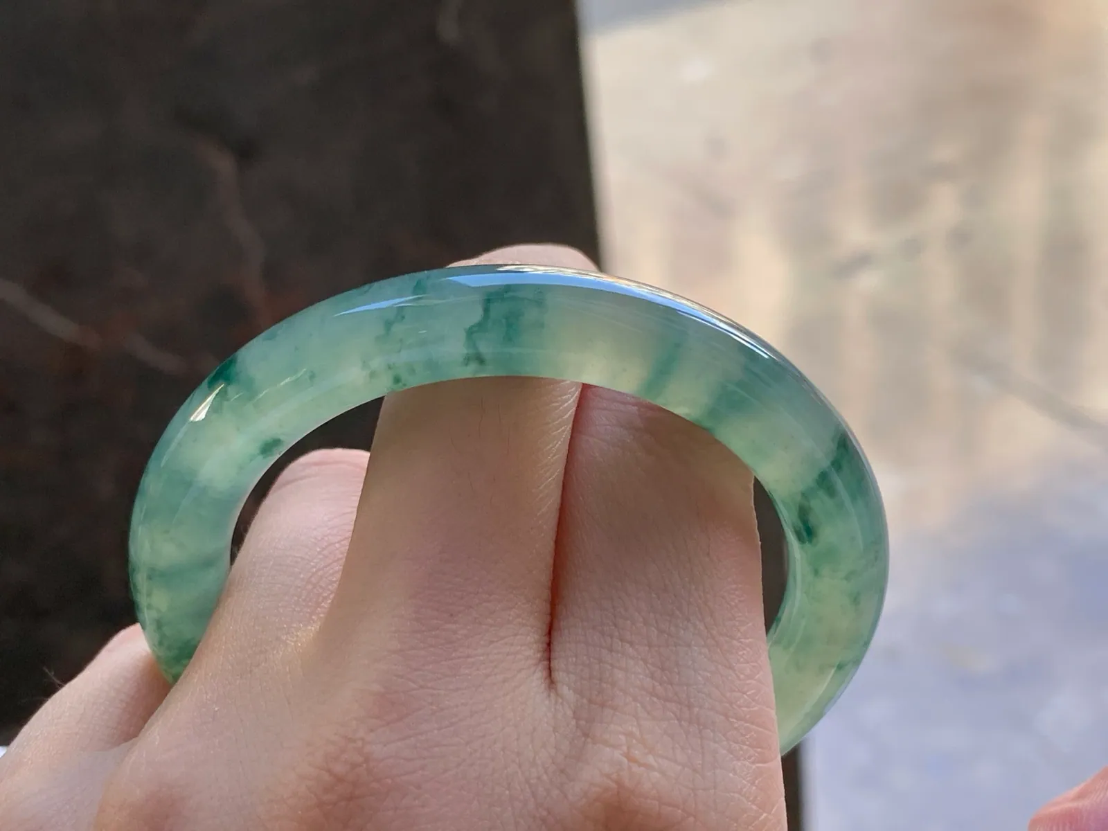 天然A货翡翠 冰种 飘花 圆条福镯 圈口54.2mm (8)