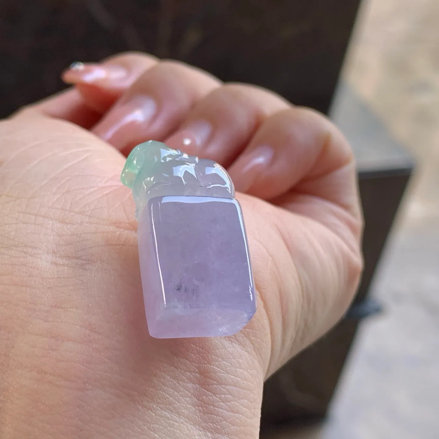 Type A Jadeite Seal Pendant, Lavender with Green Top, 28mm