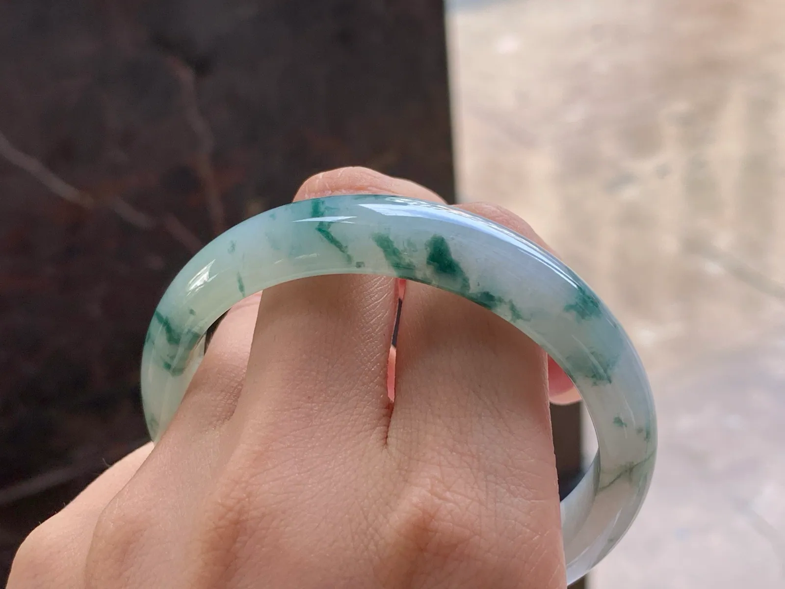 Natural Type A Jadeite Bangle, Floating Green Flowers, 57mm (9)