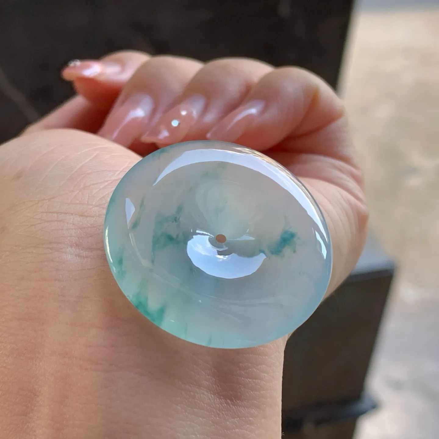 Type A Jadeite Safety Coin Pendant, Icy Green Flower, 35mm