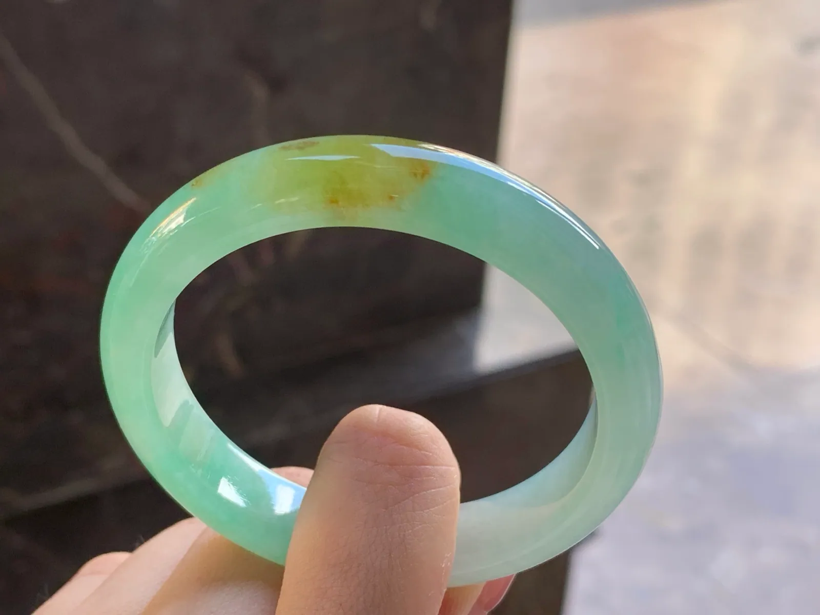 天然A货翡翠 糯冰种 晴绿黄翡 正装手镯 圈口54.2mm (4)