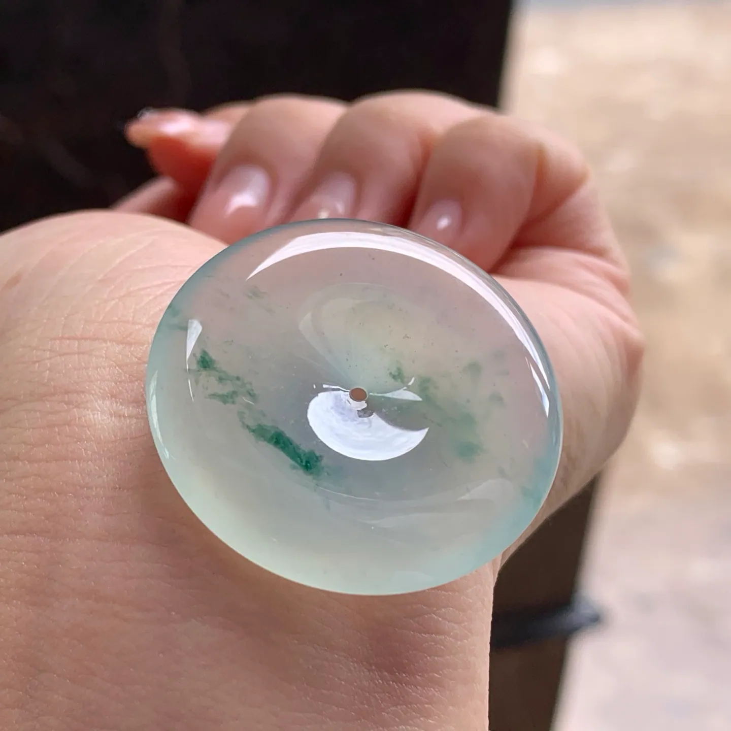 Type A Jadeite Safety Coin Pendant, Icy Blue Flower, 35mm (4)