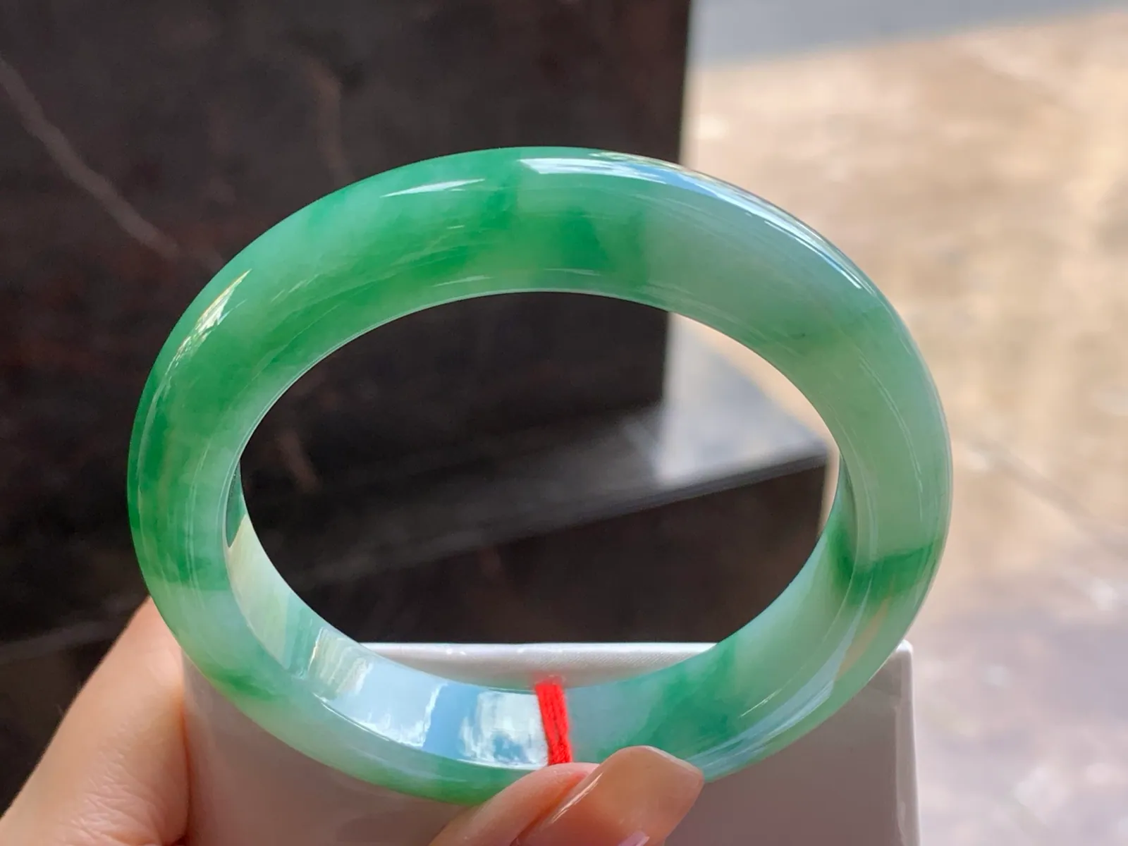 Type A Jadeite Flat Bangle, Green Flower, 57.5mm (7)