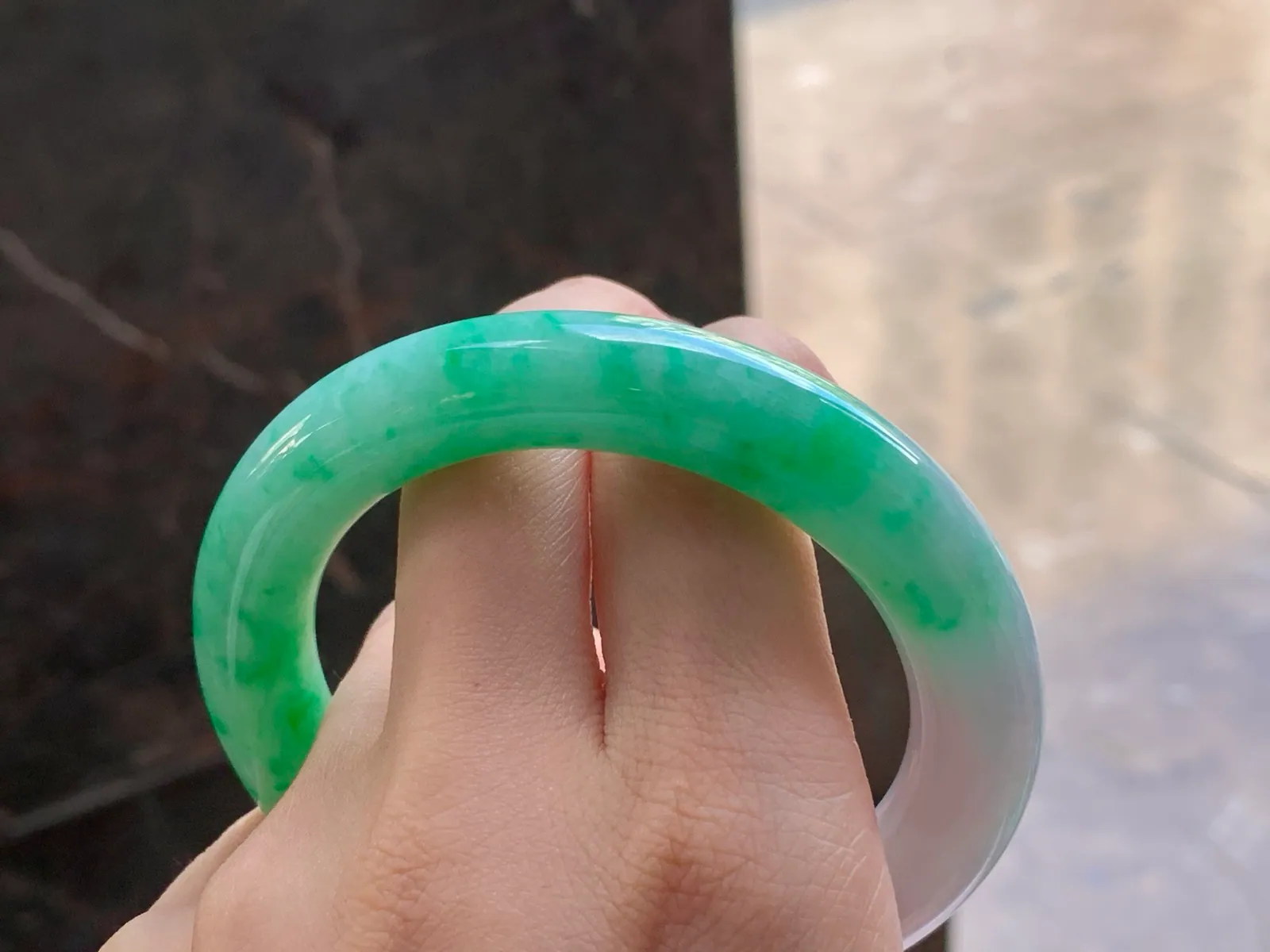 Natural Type A Jadeite Round Bangle, Green on White, 56.2mm (8)
