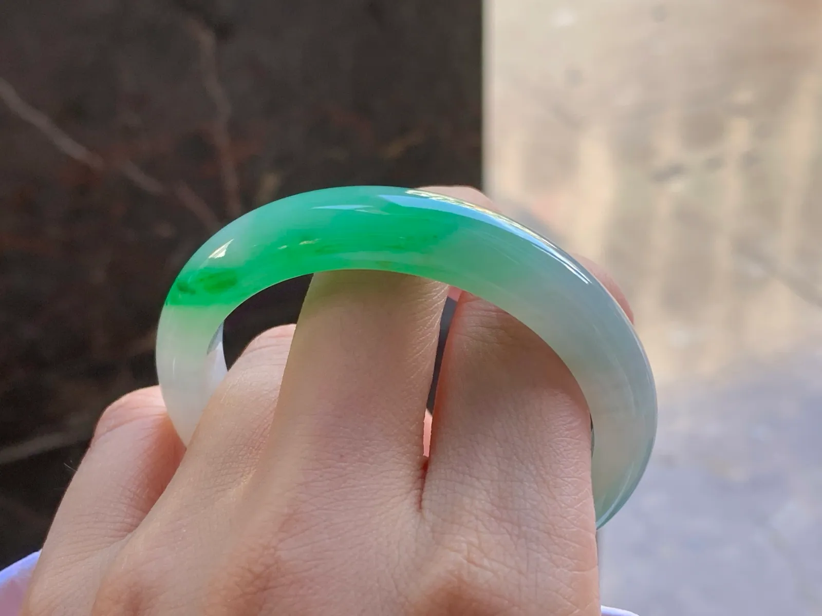 Type A Jadeite Flat Bangle, Icy-Glutinous Green Band, 51.5mm (10)