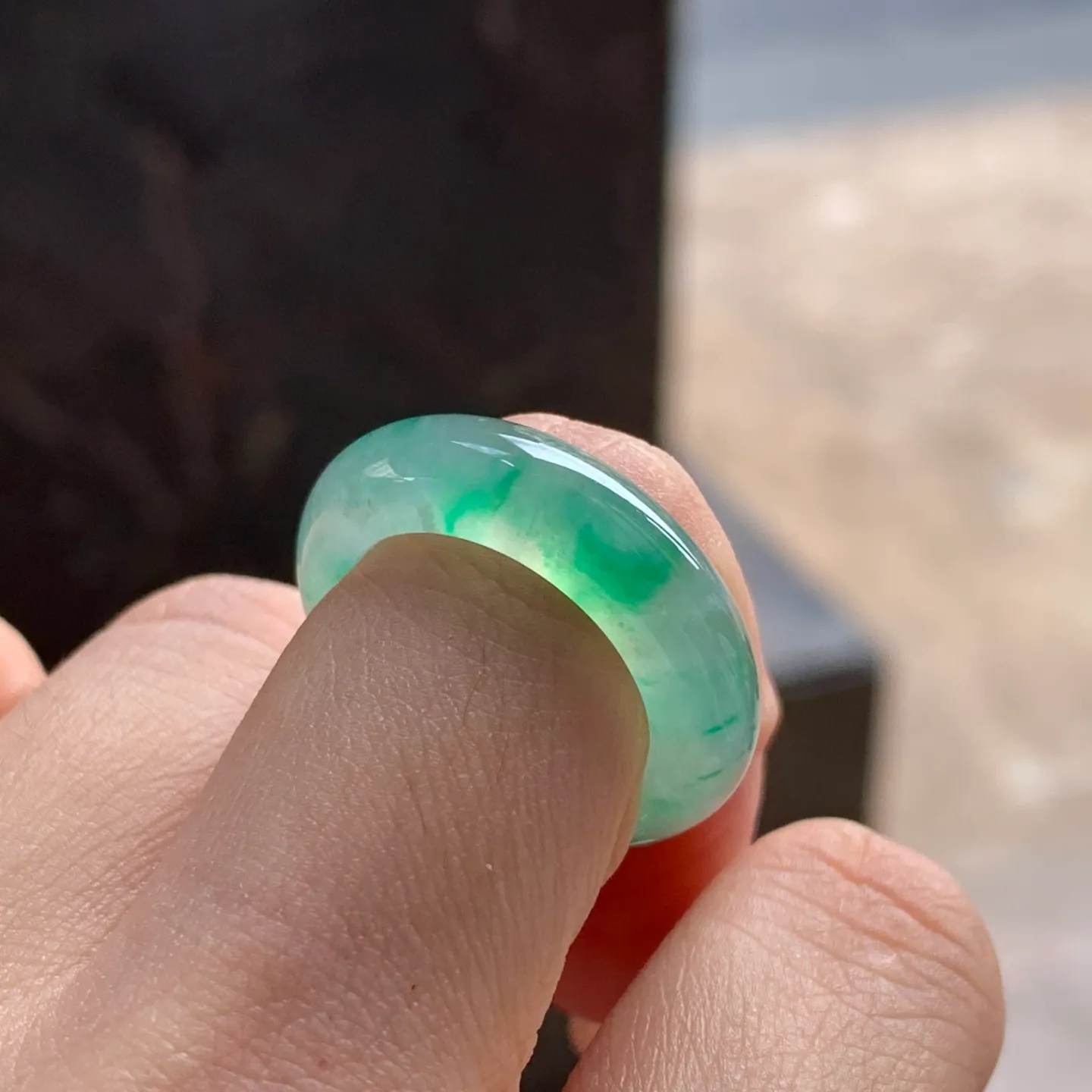 Type A Jadeite Band Ring, Icy Green Flower, Wide, 17.1mm (6)