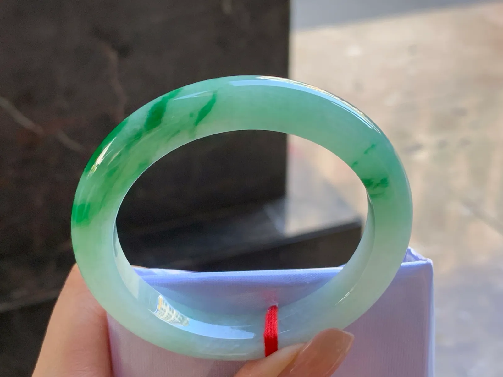 Type A Jadeite Flat Bangle, Icy-Glutinous Green Flower, 54mm (7)
