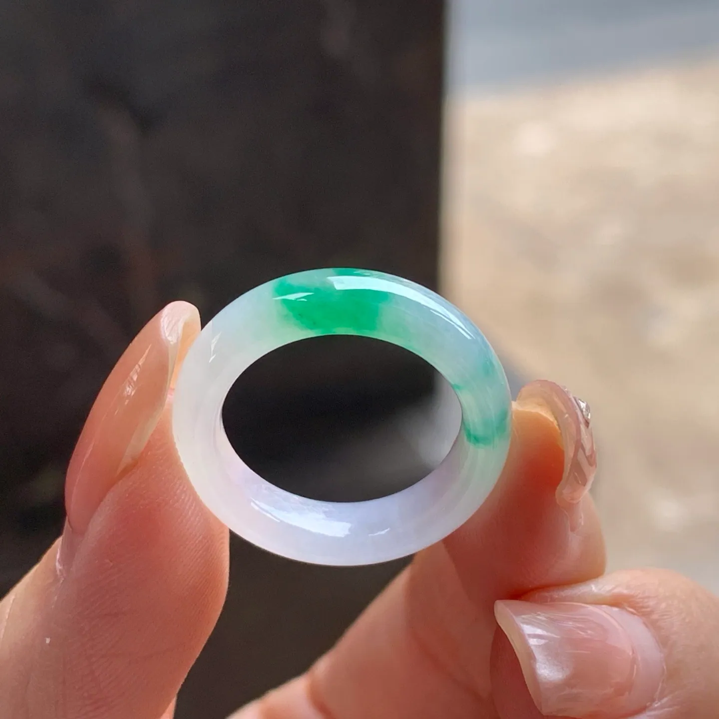 Type A Jadeite Band Ring, Icy Green Flower, 17.1mm (4)