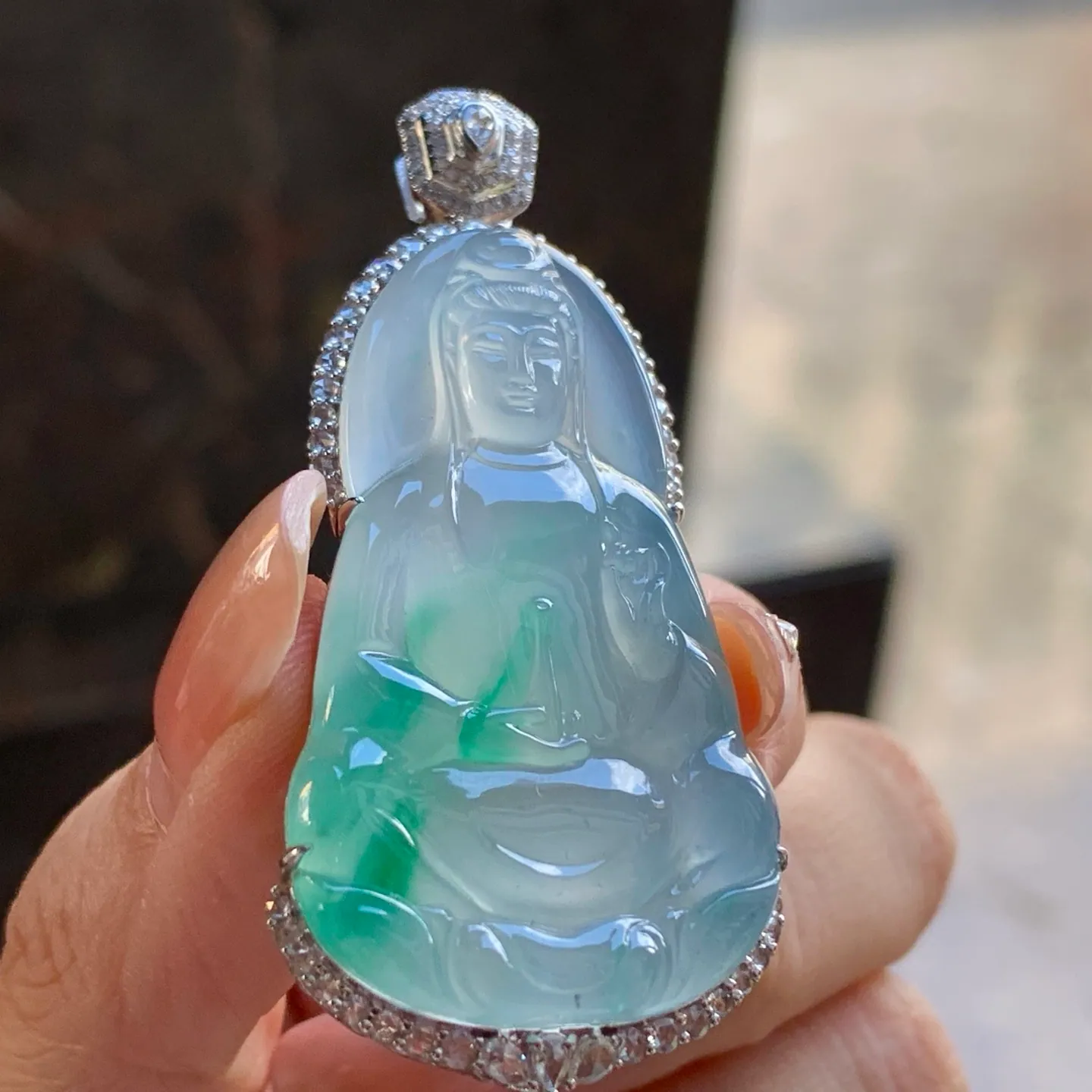 Type A Jadeite Guanyin Pendant, Icy Green Flower, 18K Gold (4)