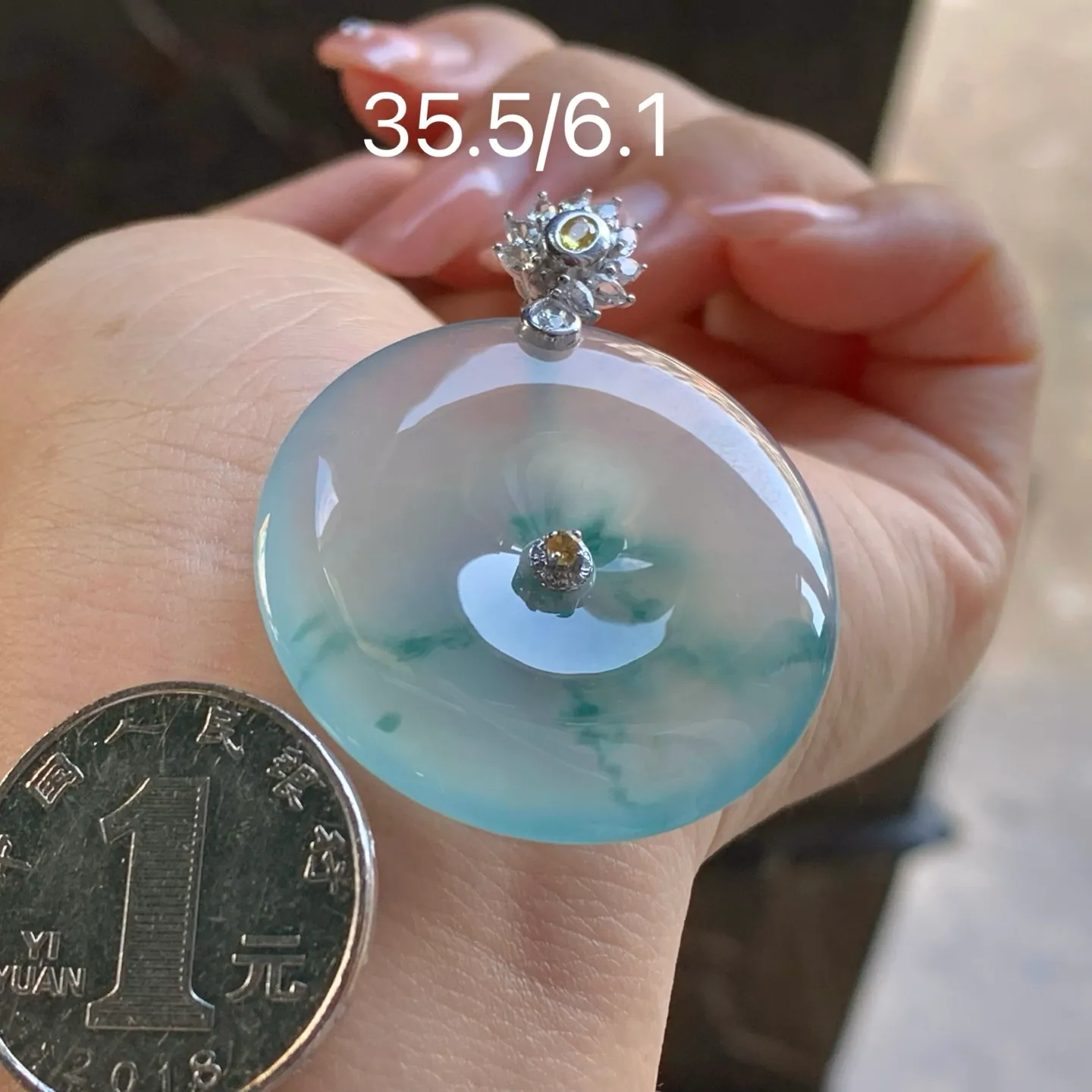 Type A Jadeite Safety Coin Pendant, Icy Flower, Gold Bail (7)