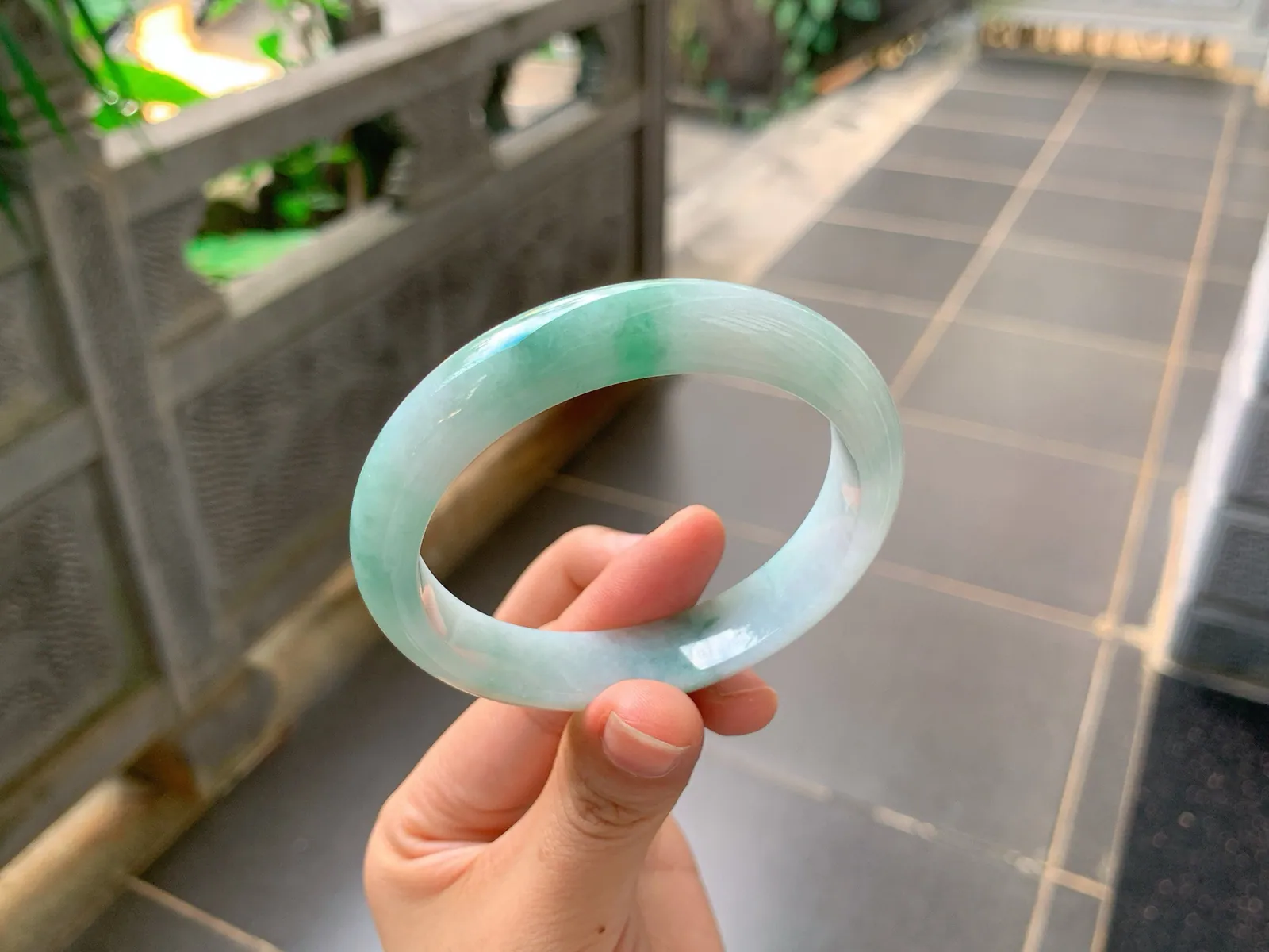 Type A Jadeite Ping'an Bangle, Green Floating Color, 57mm