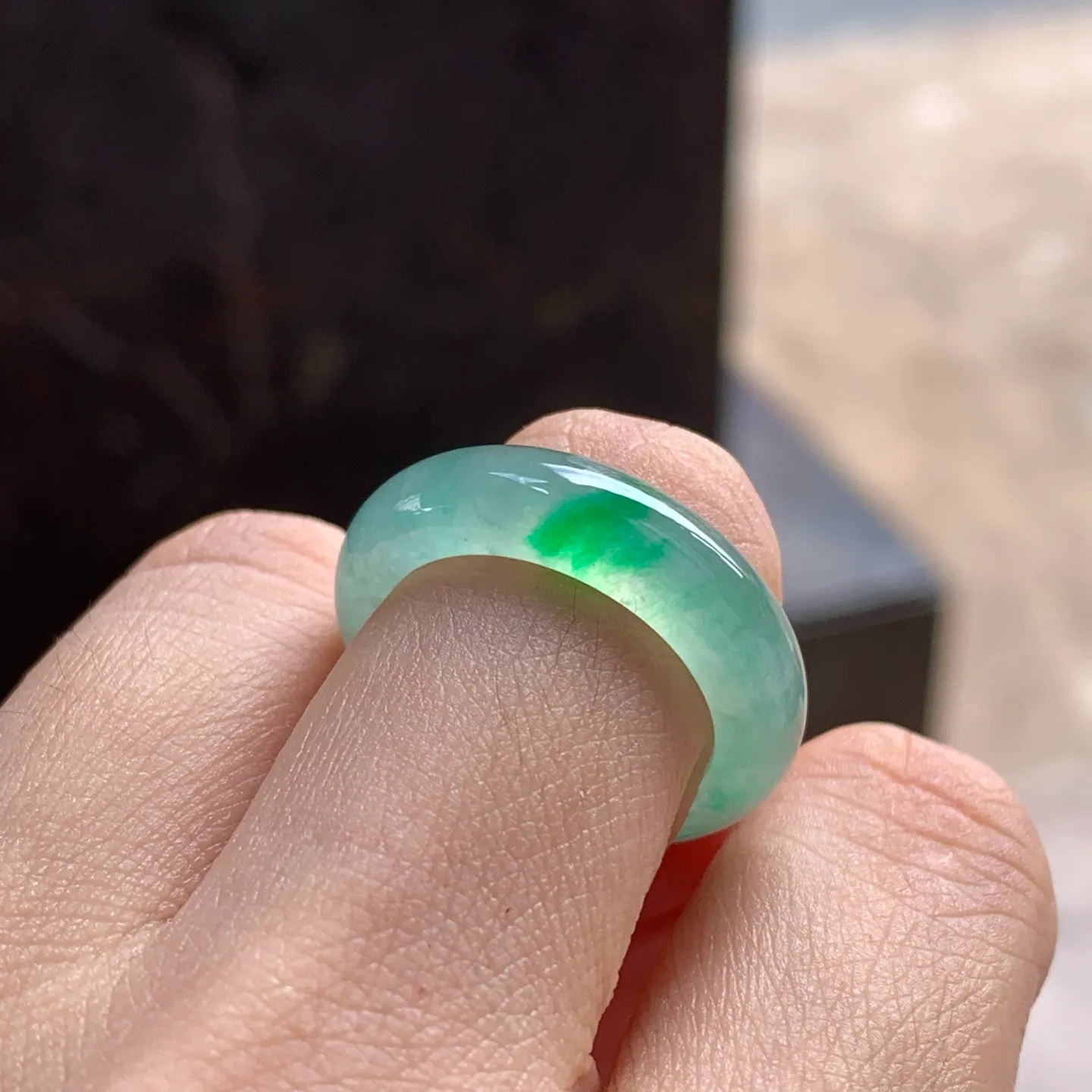 Type A Jadeite Band Ring, Icy Green Flower, 18.1mm (5)