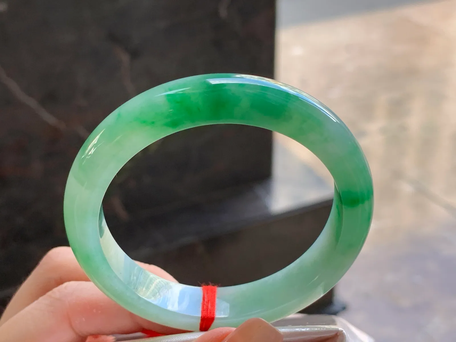 Natural Type A Jadeite Bangle, Icy Green Floating, 54.7mm