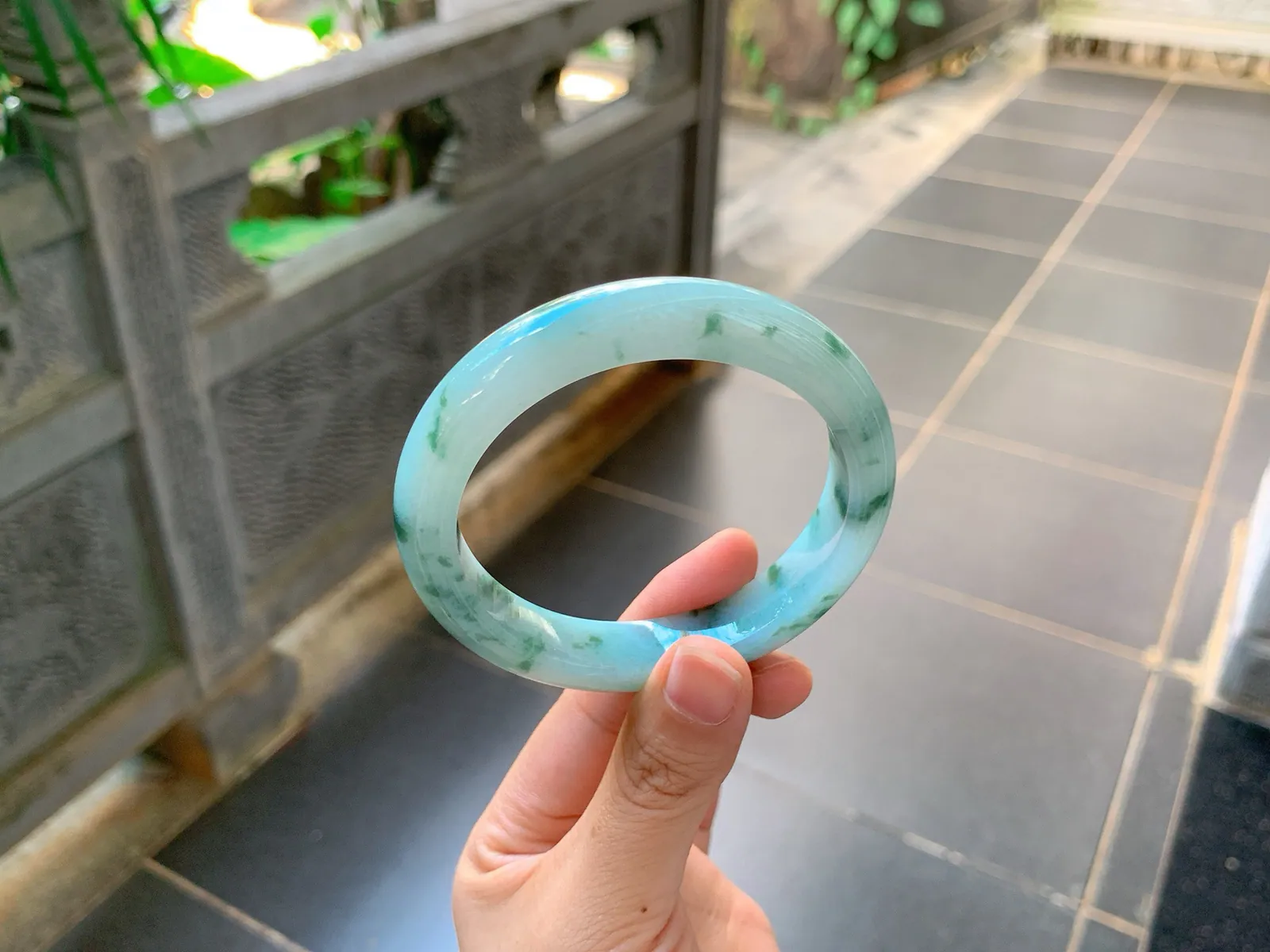 Type A Jadeite Bangle, Icy-Glutinous Blue-Green Flower, 59mm (6)
