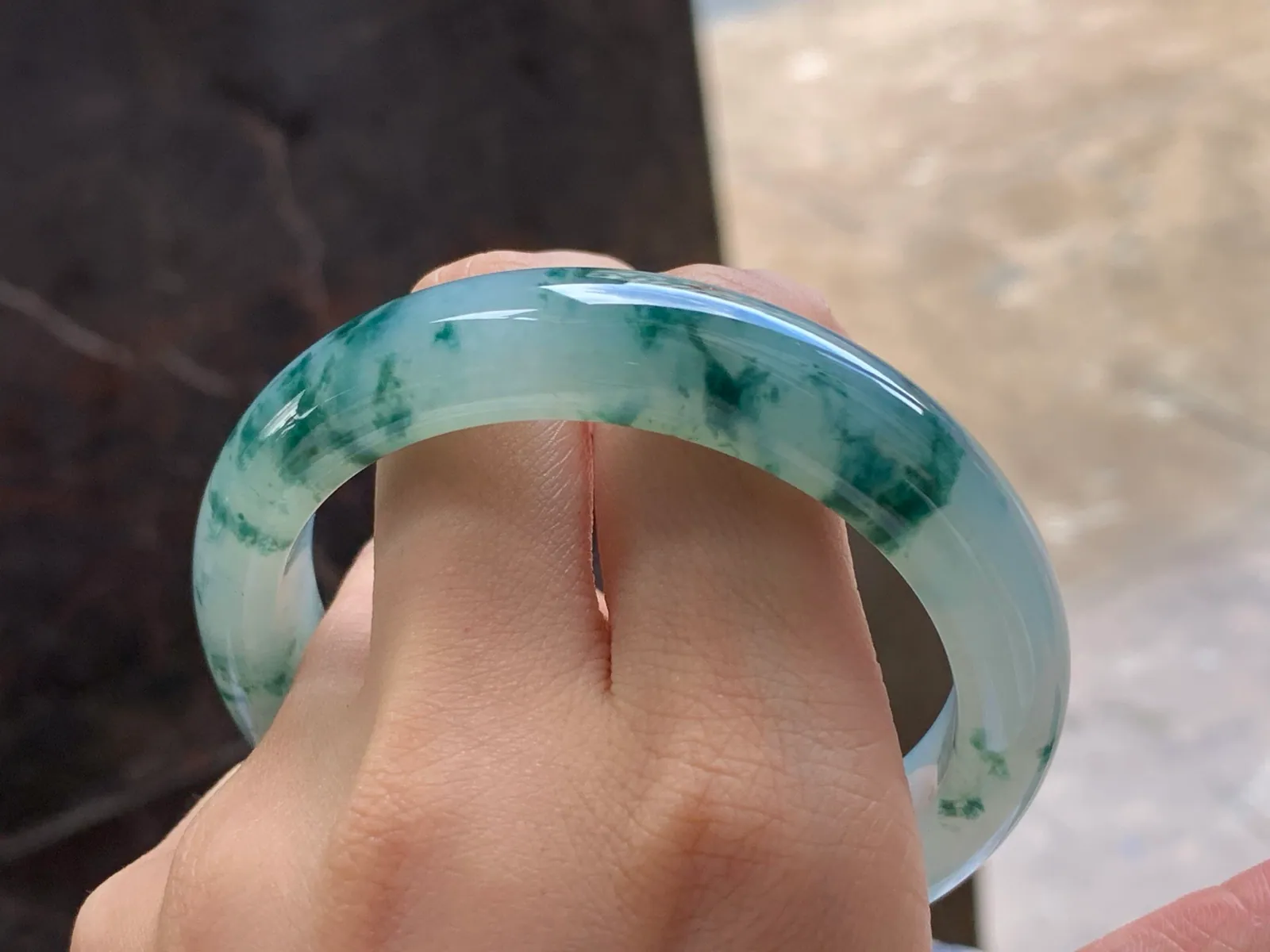 Type A Jadeite Bangle, Icy, Green Floating Flowers, 57.5mm (10)