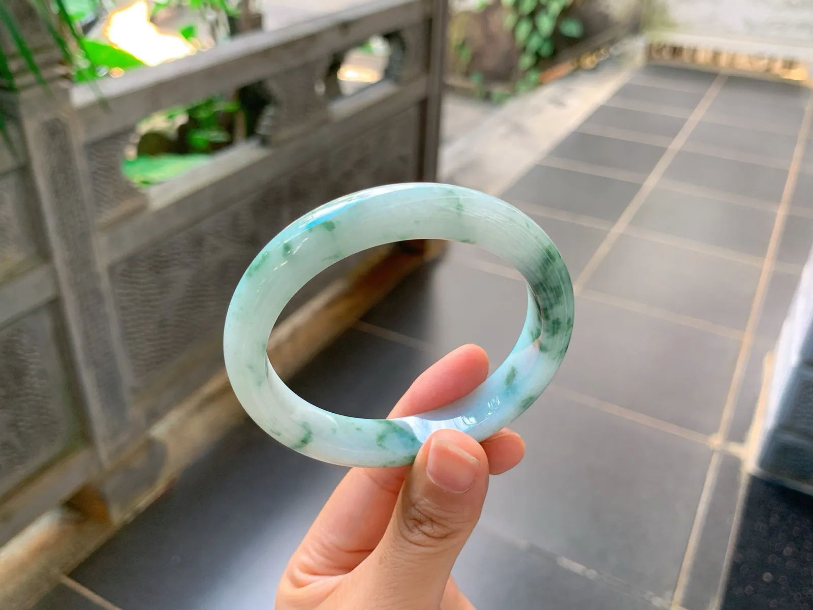Type A Jadeite Ping'an Bangle, Ink-Wash Flower, 58mm (6)