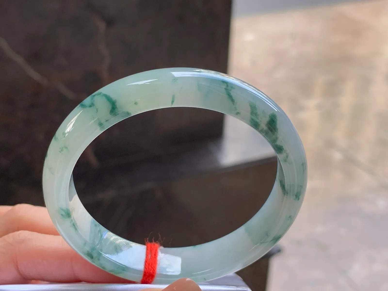 Natural Type A Jadeite Bangle, Floating Green Flowers, 57mm
