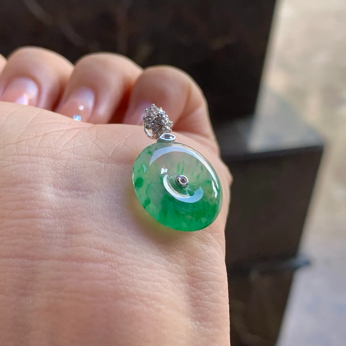 Khấu bình an cẩm thạch type A băng hoa xanh, 17mm (5)