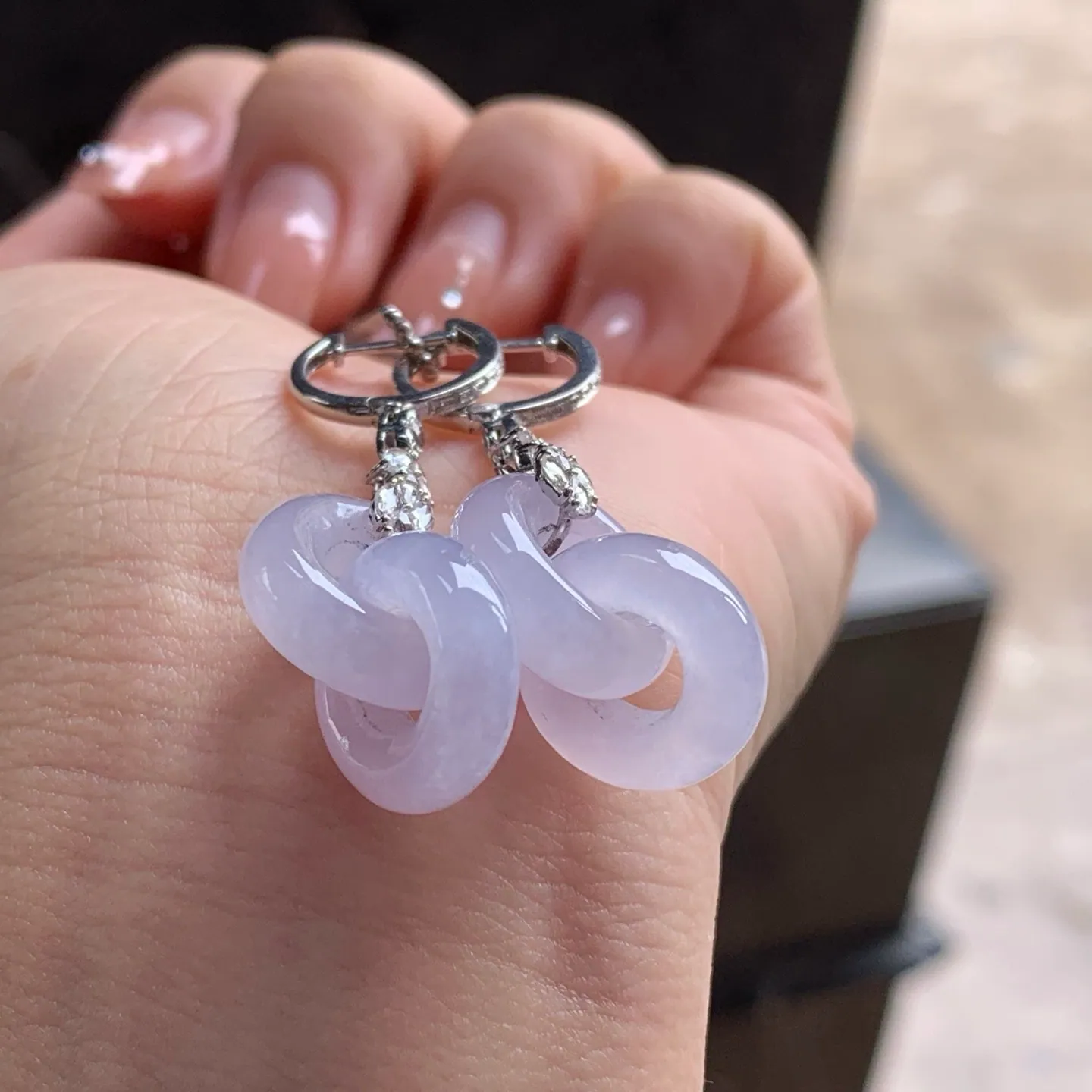 Type A Jadeite Linked-Ring Earrings, Icy Pink Lavender, 18K (3)