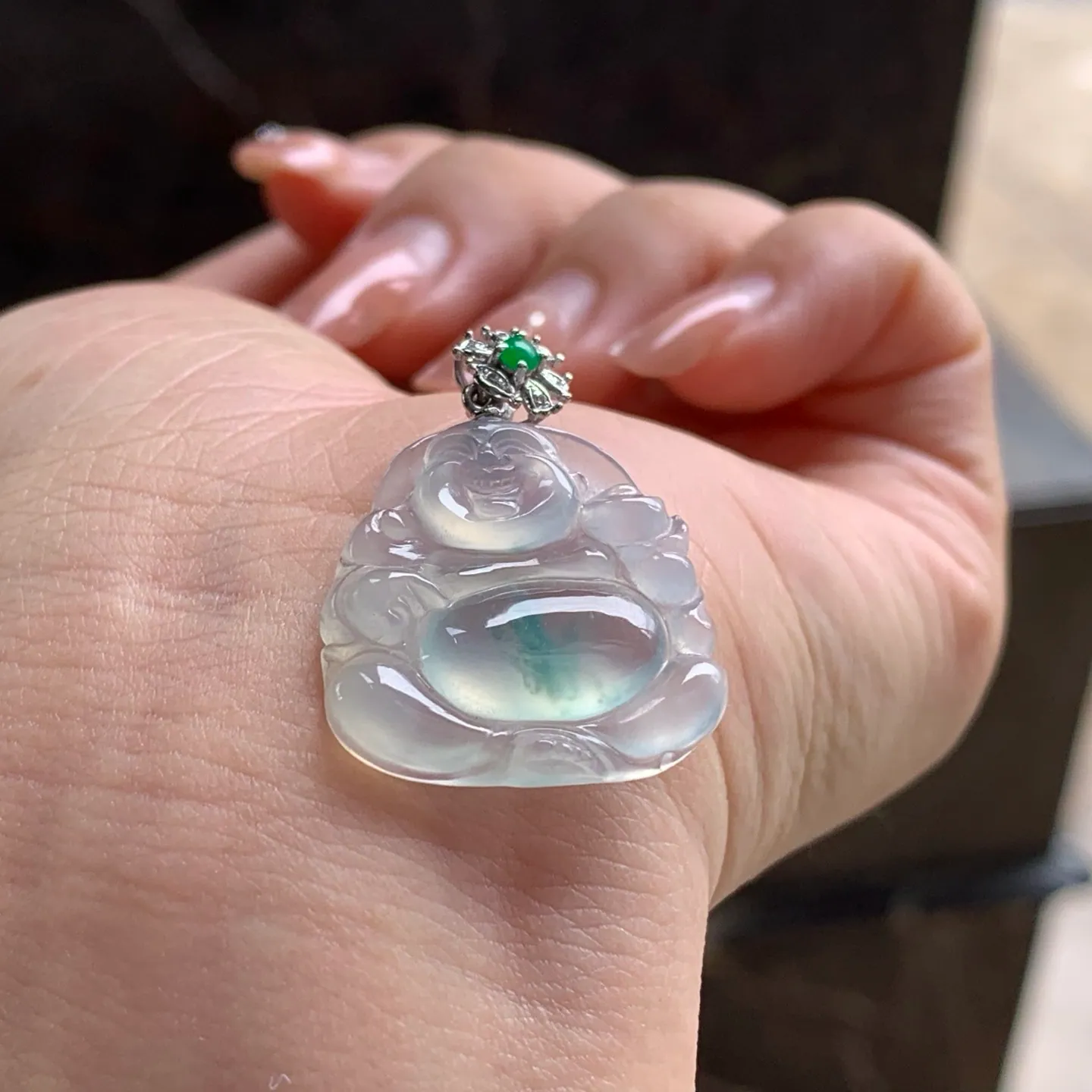Type A Jadeite Buddha Pendant, Icy Blue Flower, 18K Bail (4)