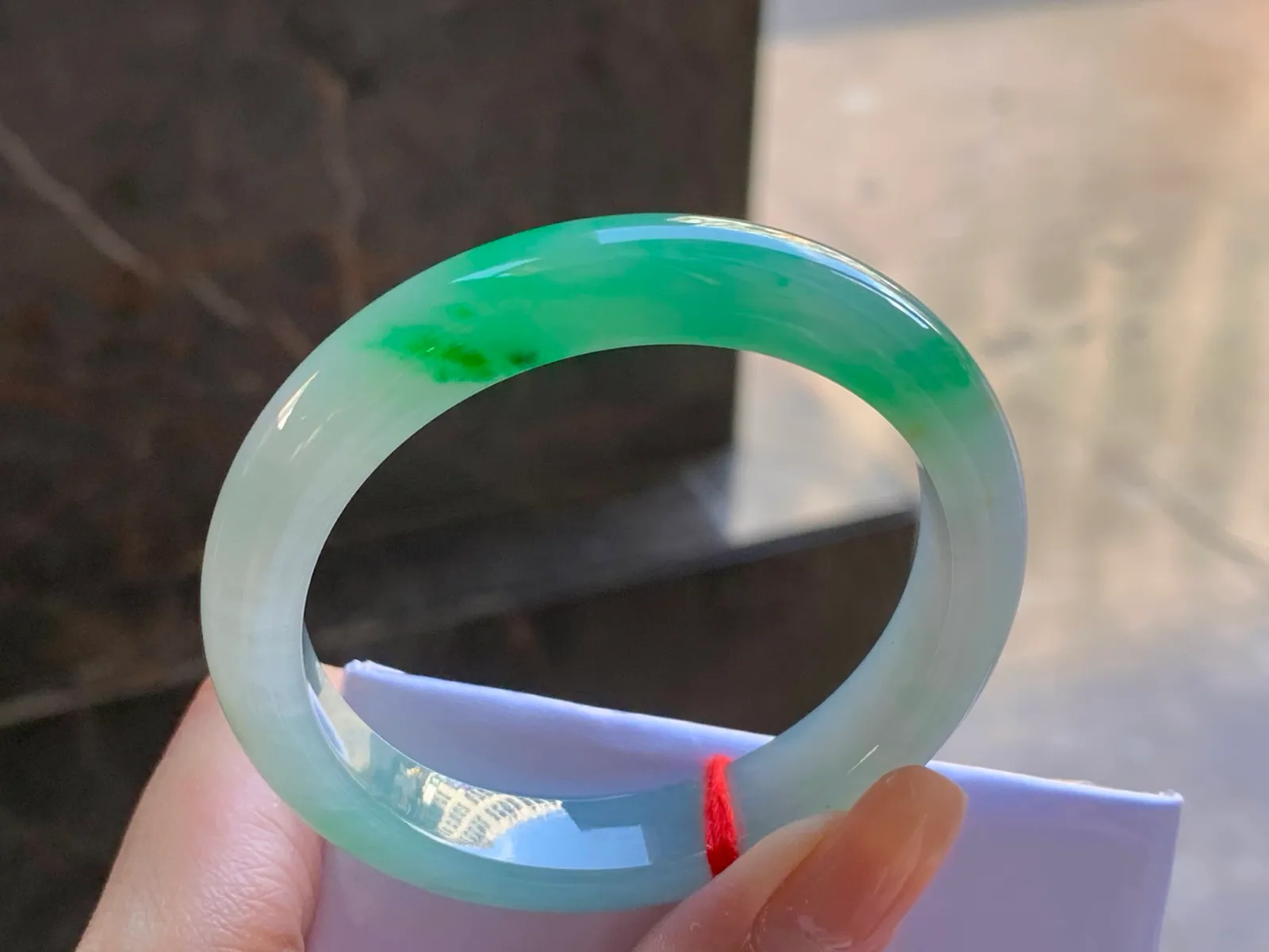 Type A Jadeite Flat Bangle, Icy-Glutinous Green Band, 51.5mm (5)