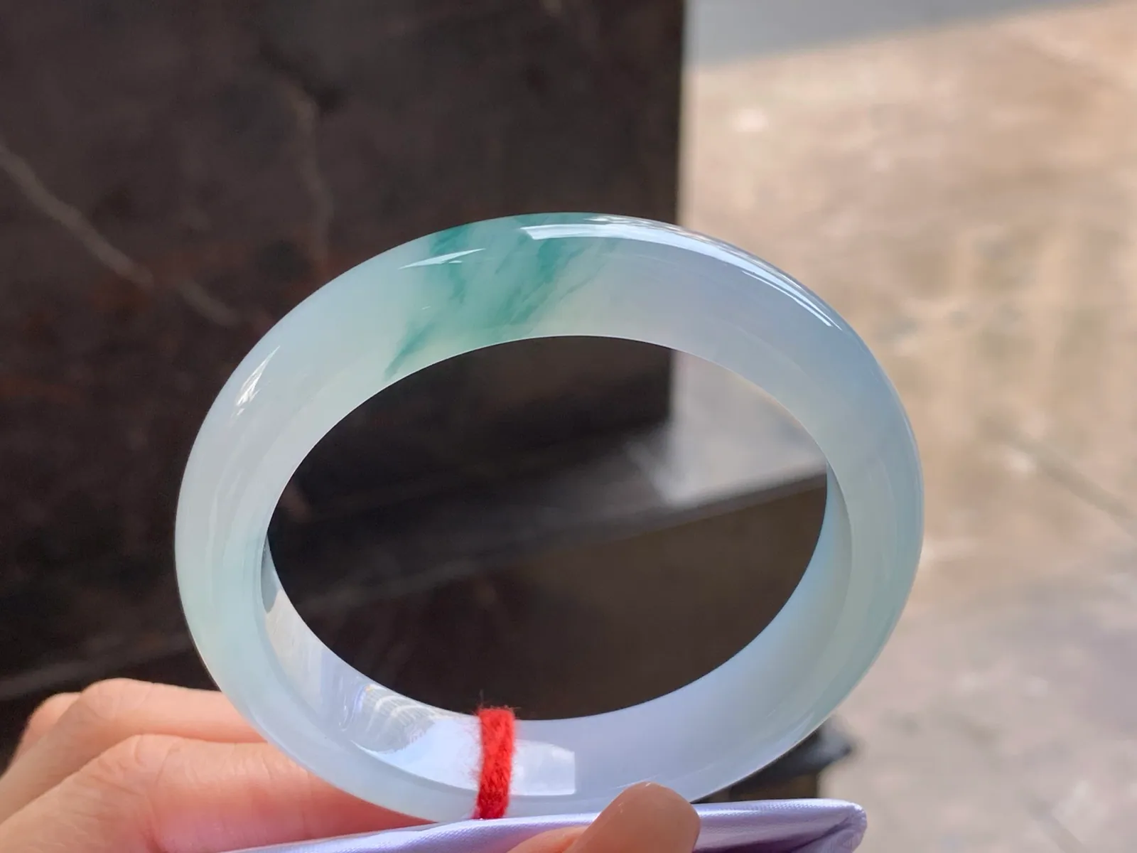 Type A Jadeite Flat Bangle, Blue-Green Flower, 57mm