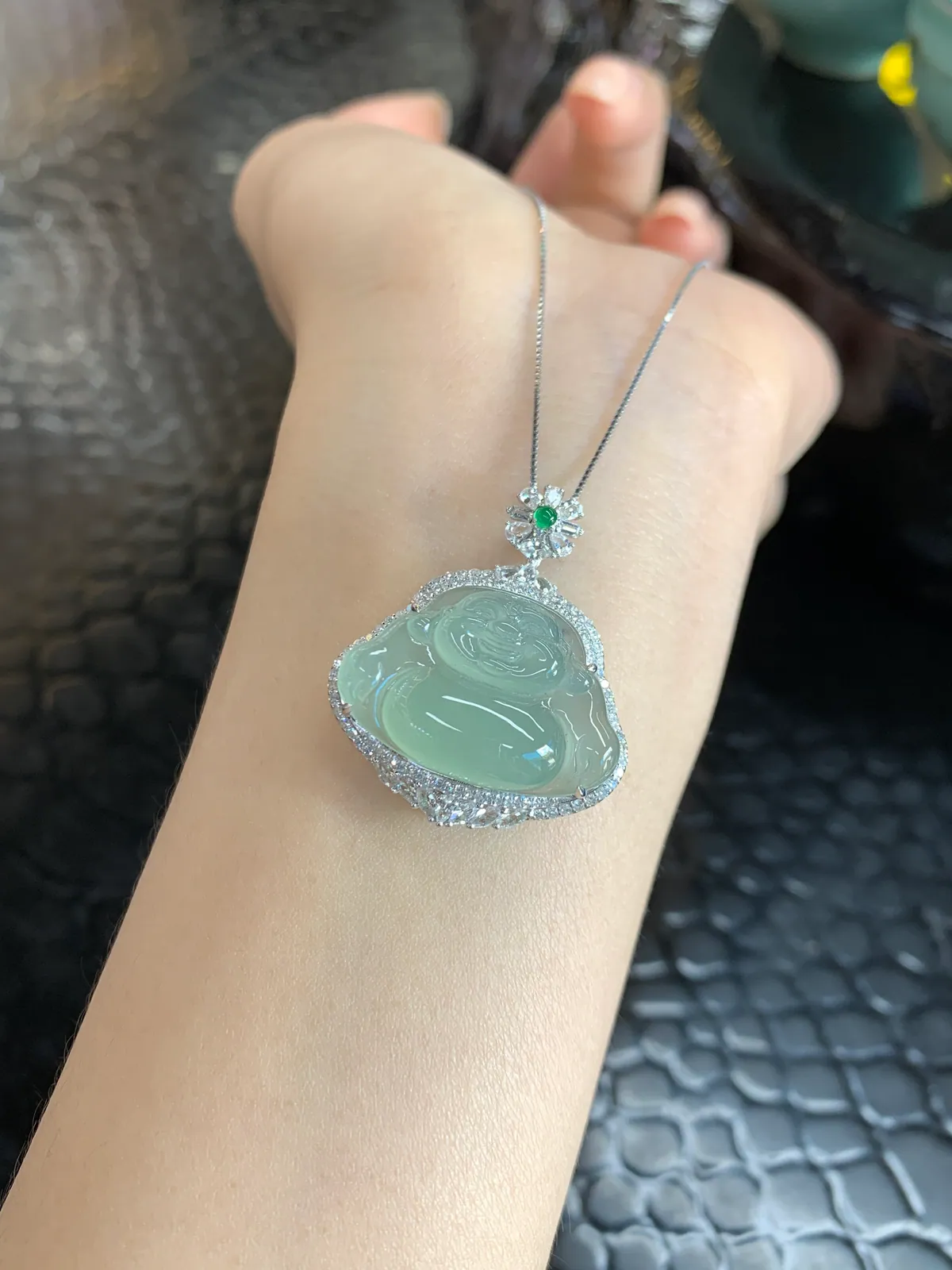 Type A Jadeite Laughing Buddha Pendant, Pale Green, 18K Gold