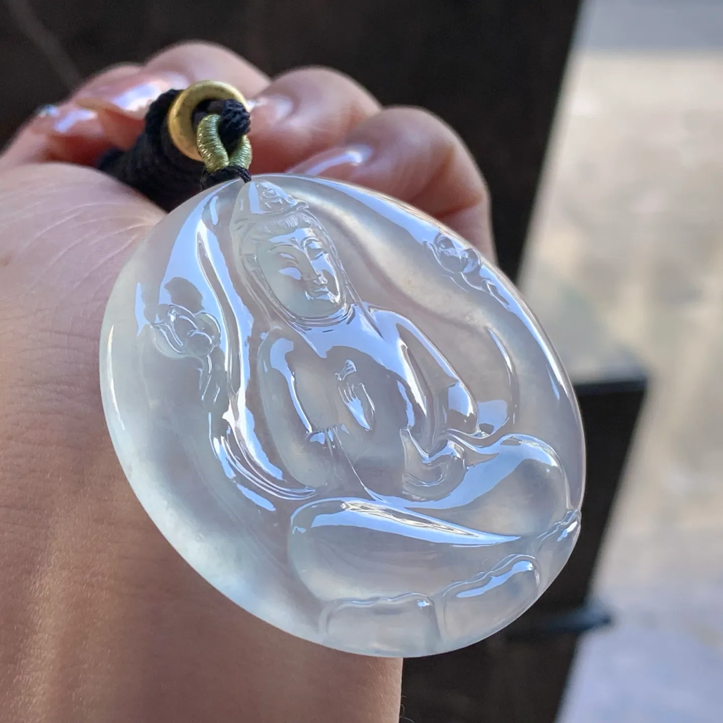 Type A Jadeite Guanyin Pendant, Icy Clear Round Plaque, 52mm (5)