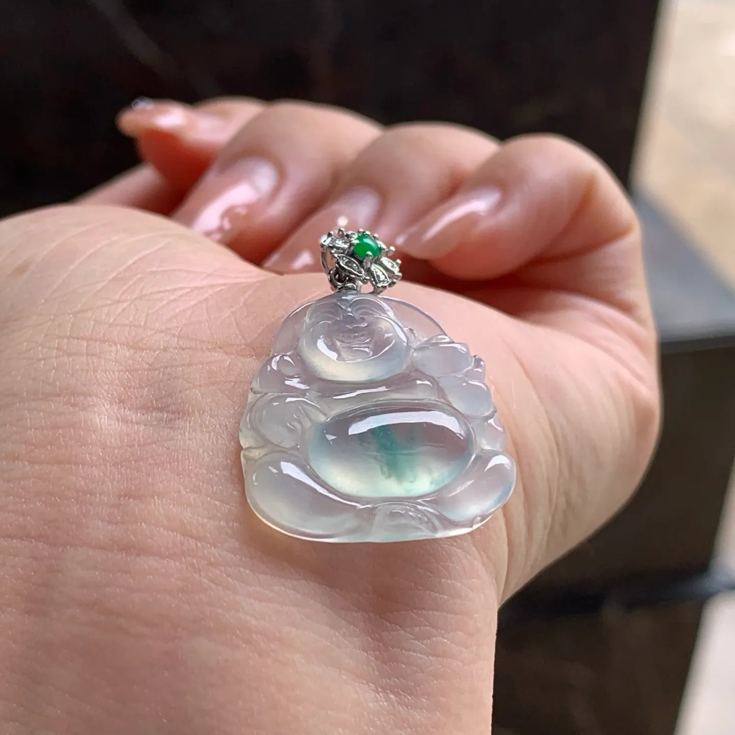 Type A Jadeite Buddha Pendant, Icy Blue Flower, 18K Bail