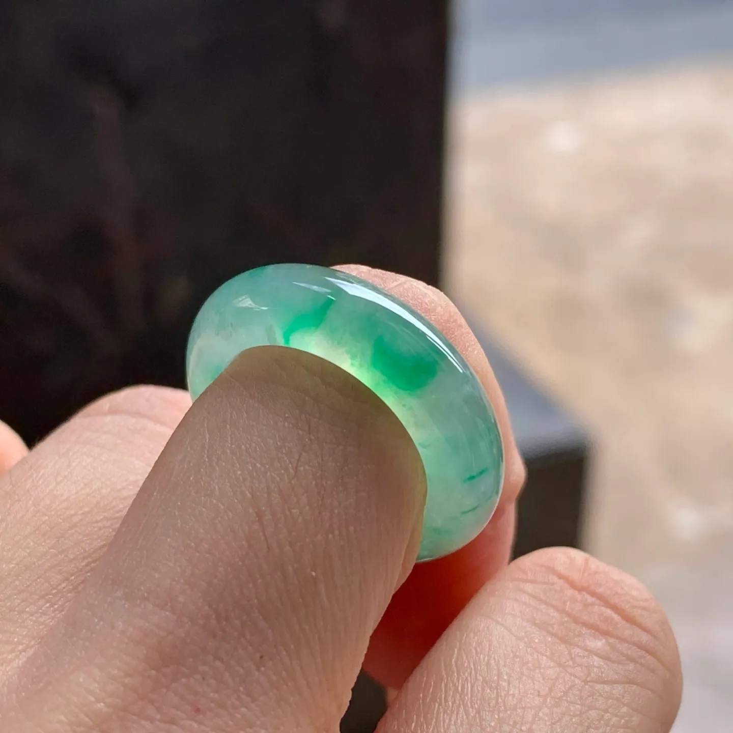 Type A Jadeite Band Ring, Icy Green Flower, Wide, 17.1mm (5)