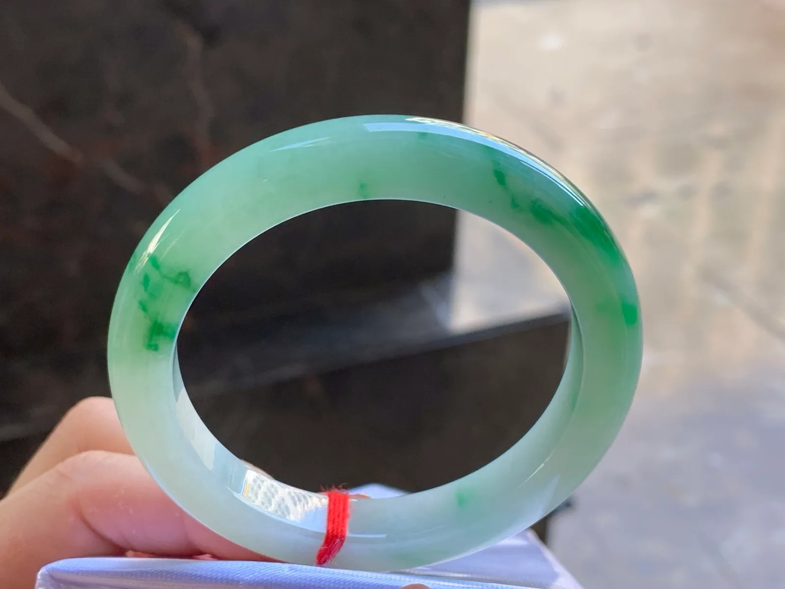 Type A Jadeite Flat Bangle, Icy-Glutinous Green Flower, 54mm
