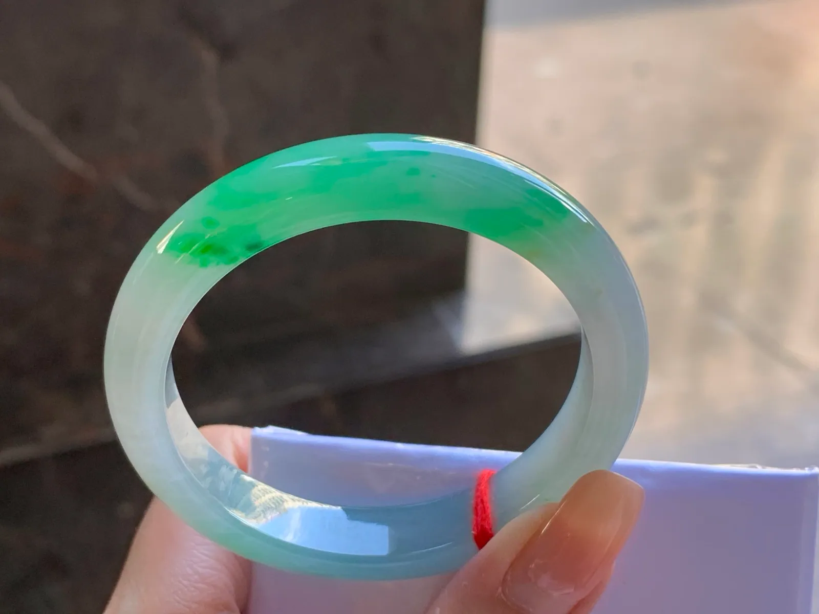 Type A Jadeite Flat Bangle, Icy-Glutinous Green Band, 51.5mm (6)