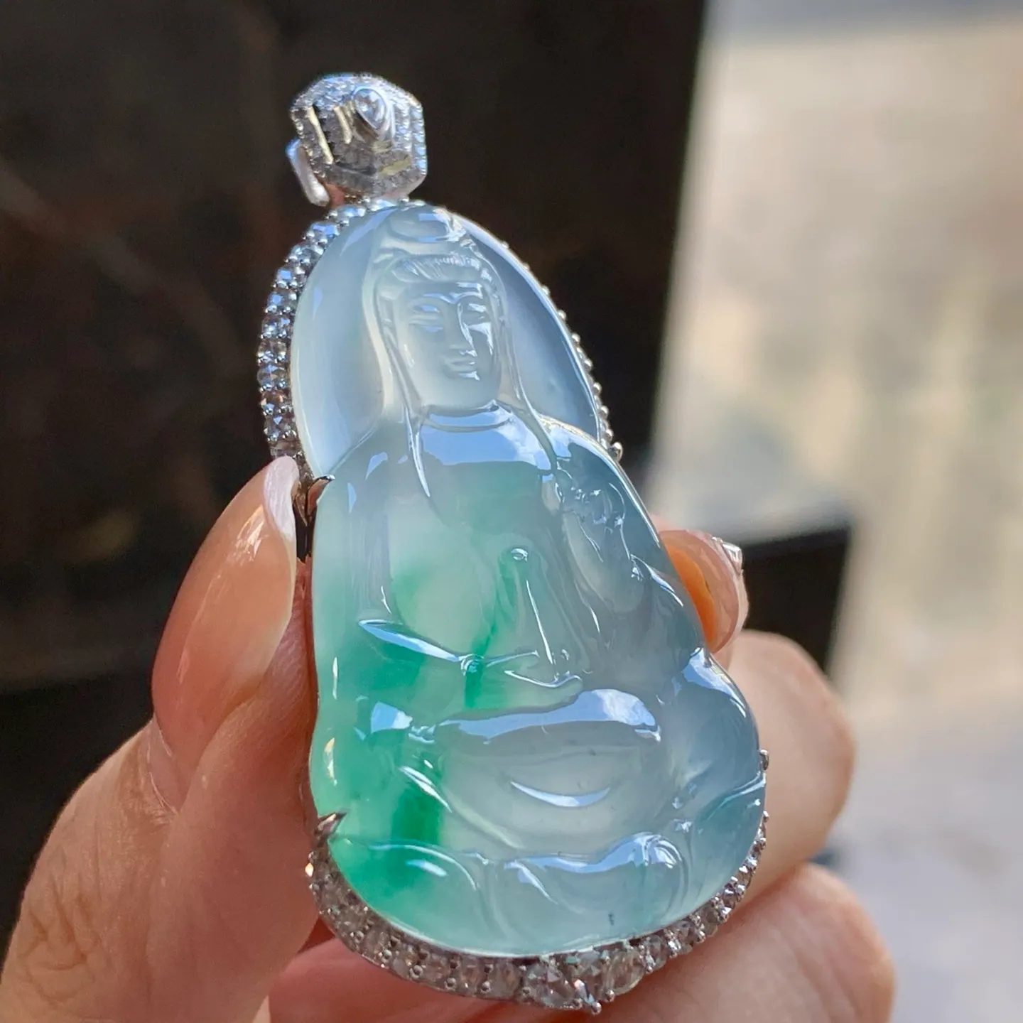 Type A Jadeite Guanyin Pendant, Icy Green Flower, 18K Gold