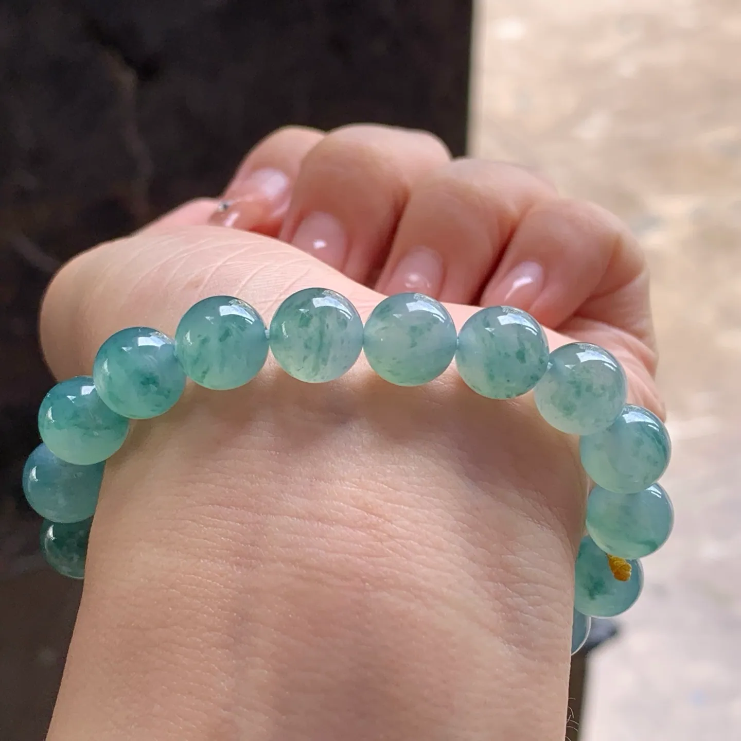 Type A Jadeite Bead Bracelet, Icy Blue Water Flower, 9.8mm (7)