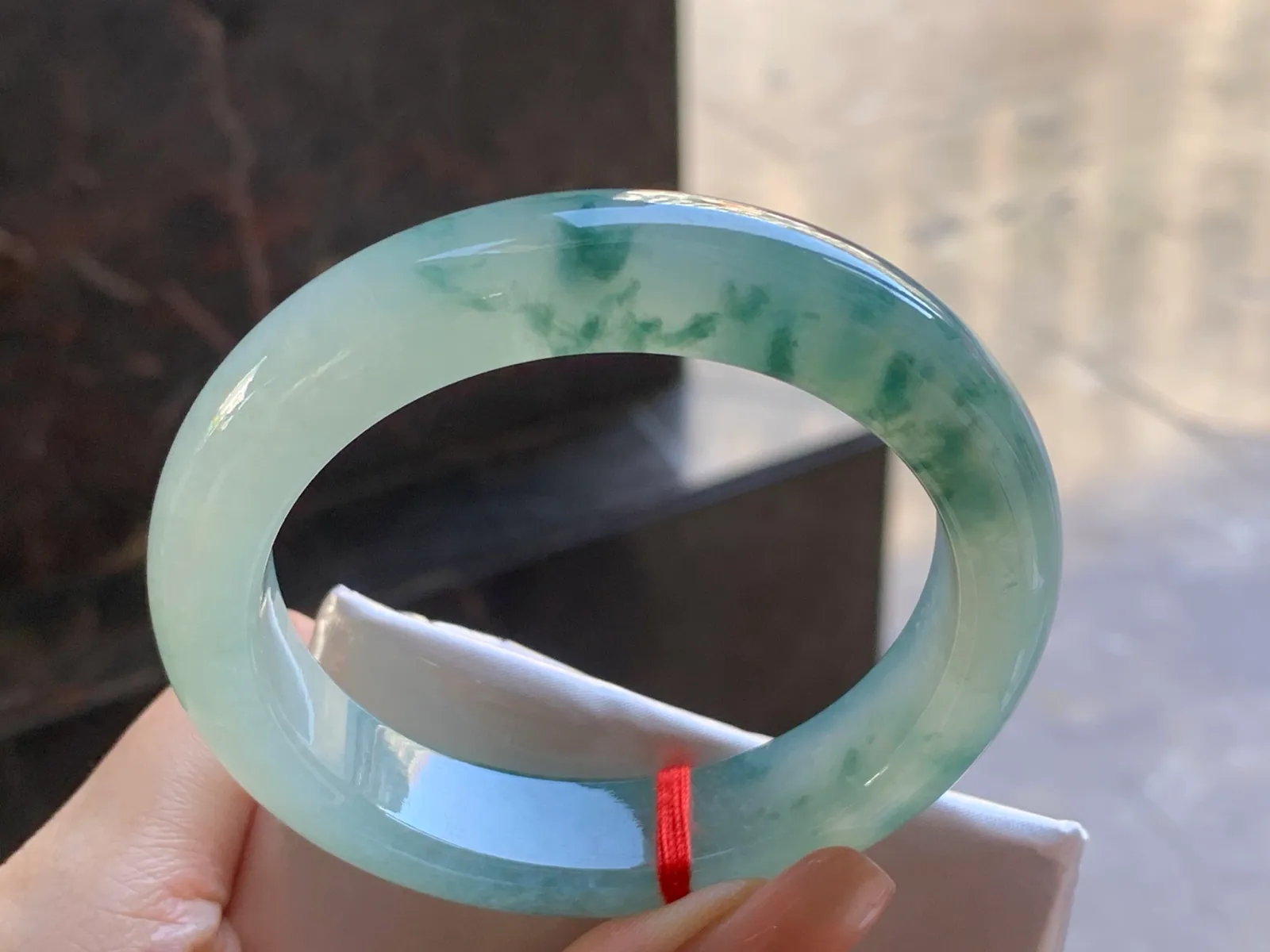 Type A Jadeite Flat Bangle, Icy Blue-Green Flower, 57.3mm (7)