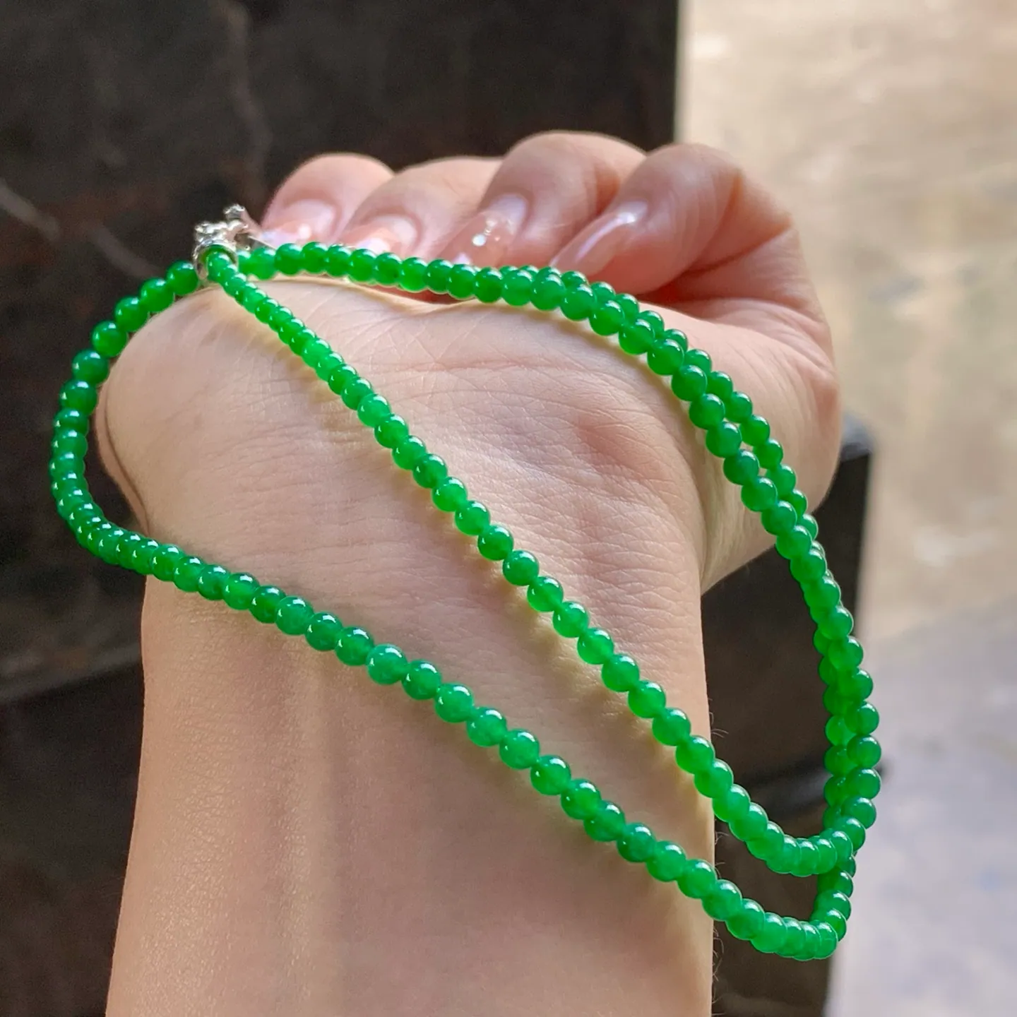 Type A Jadeite Bead Strand, Icy Full Bright Green, 154 Beads (7)