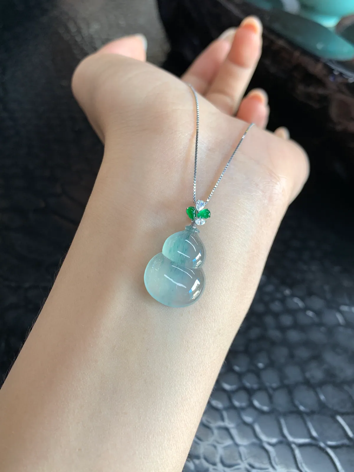 Type A Jadeite Gourd Pendant, Icy Floating Green, 18K Gold