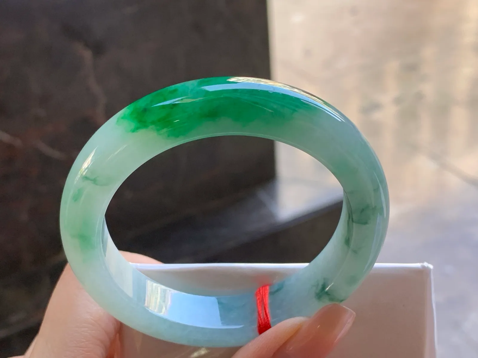 Type A Jadeite Flat Bangle, Icy-Glutinous Green Band, 54.8mm (7)