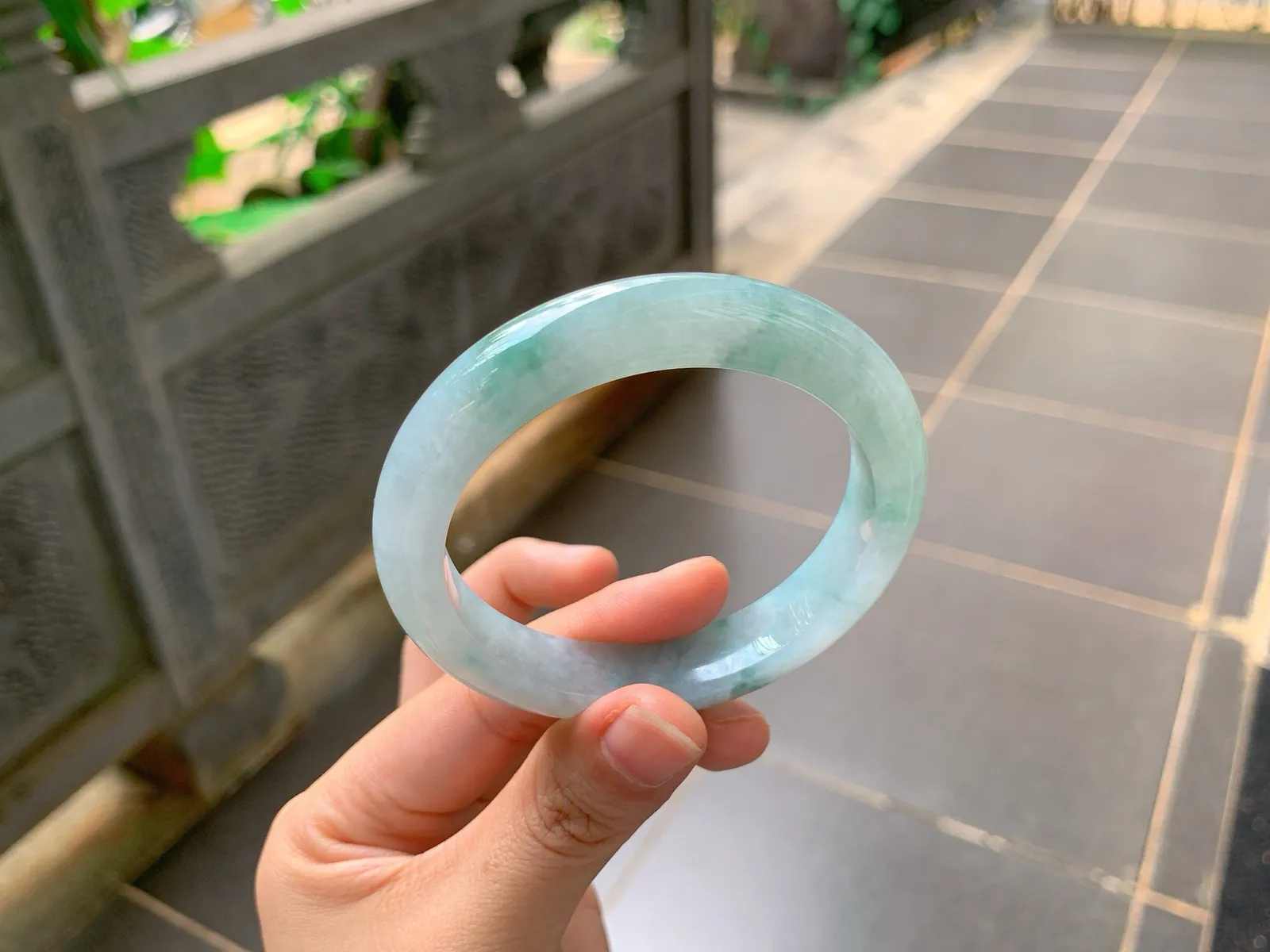 Type A Jadeite Ping'an Bangle, Icy Blue-Green Flower, 56mm (3)